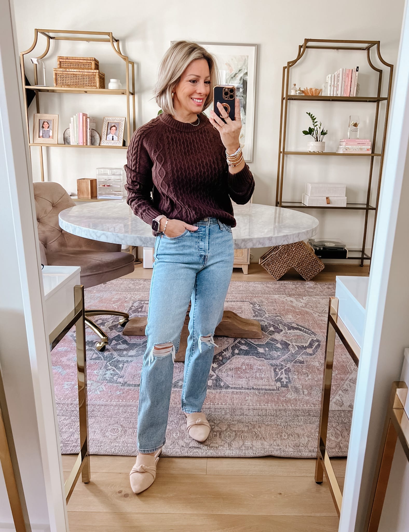 Chocolate brown Sweater, Jeans, Mules 
