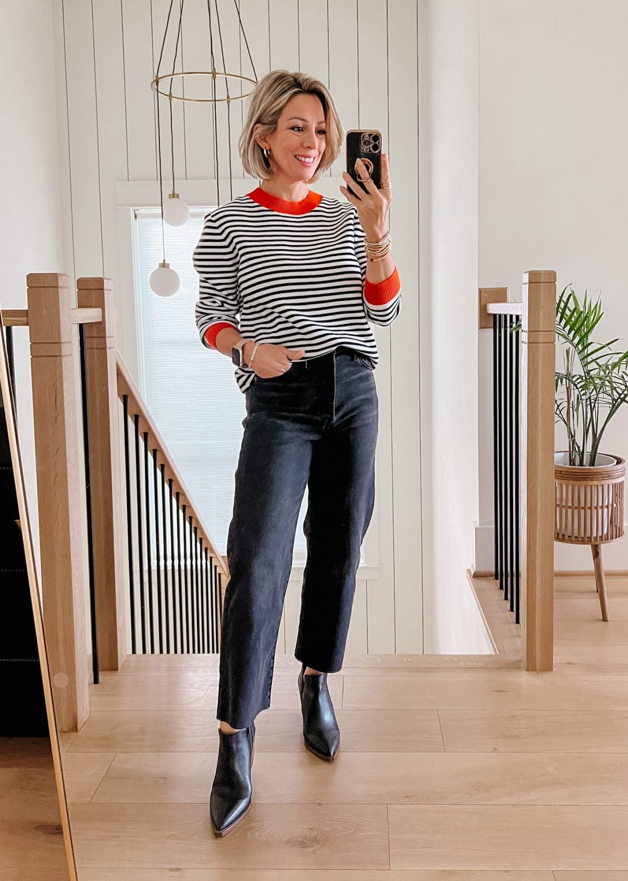 Orange Trim Black and White Striped Sweater, Jeans, Booties 