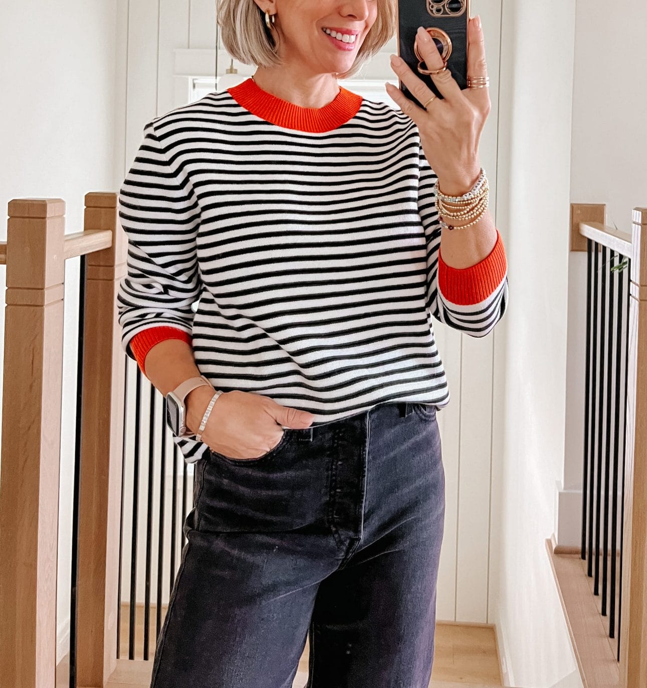 Orange Trim Black and White Striped Sweater, Jeans, Booties 