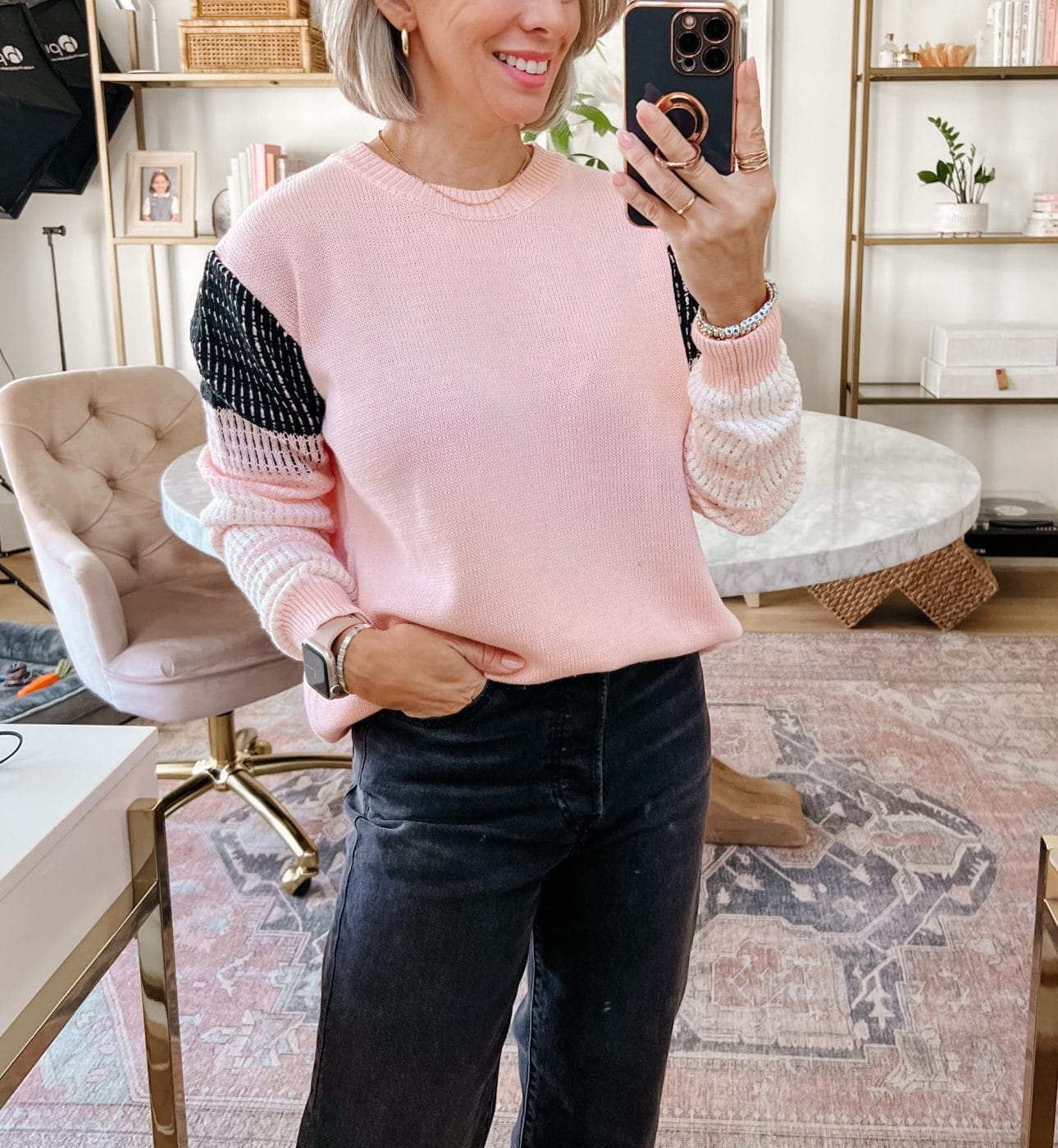 Pink Sweater, jeans, Booties 