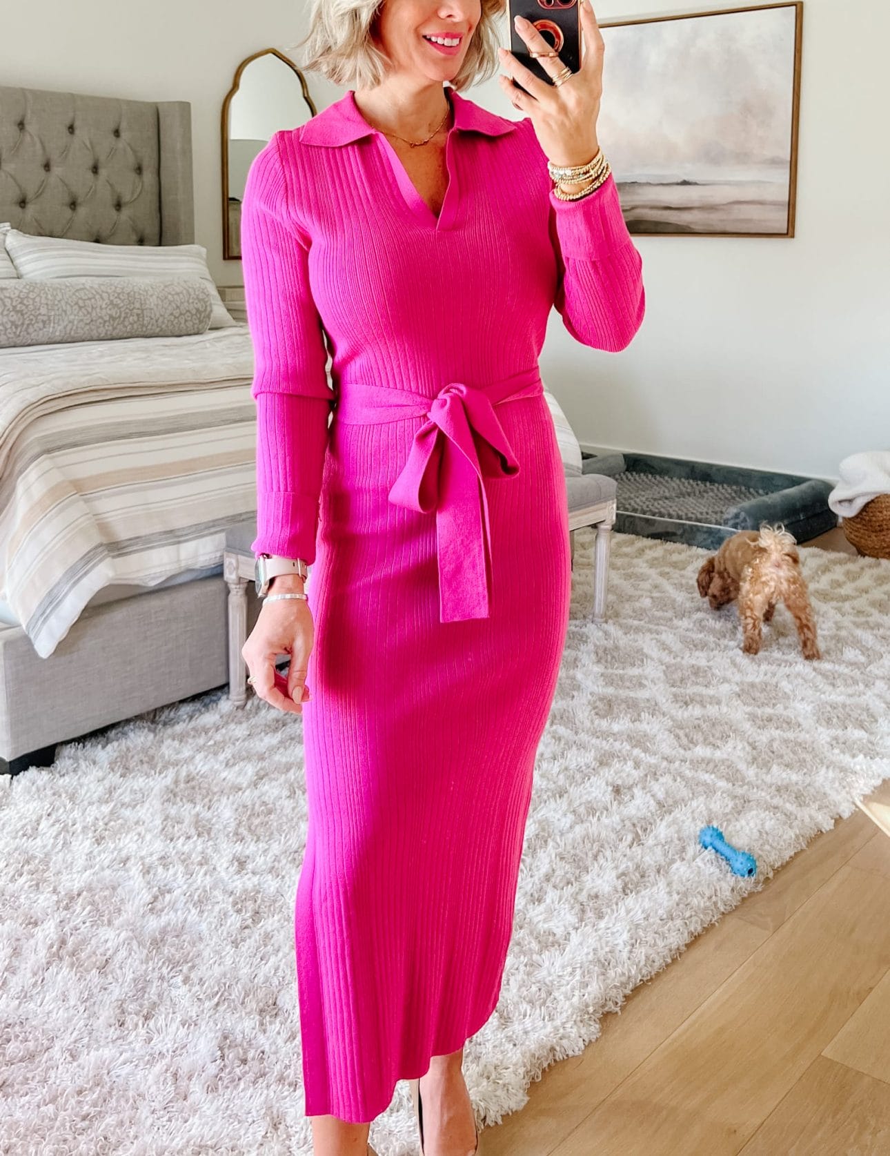 Pink Collard dress, heels 