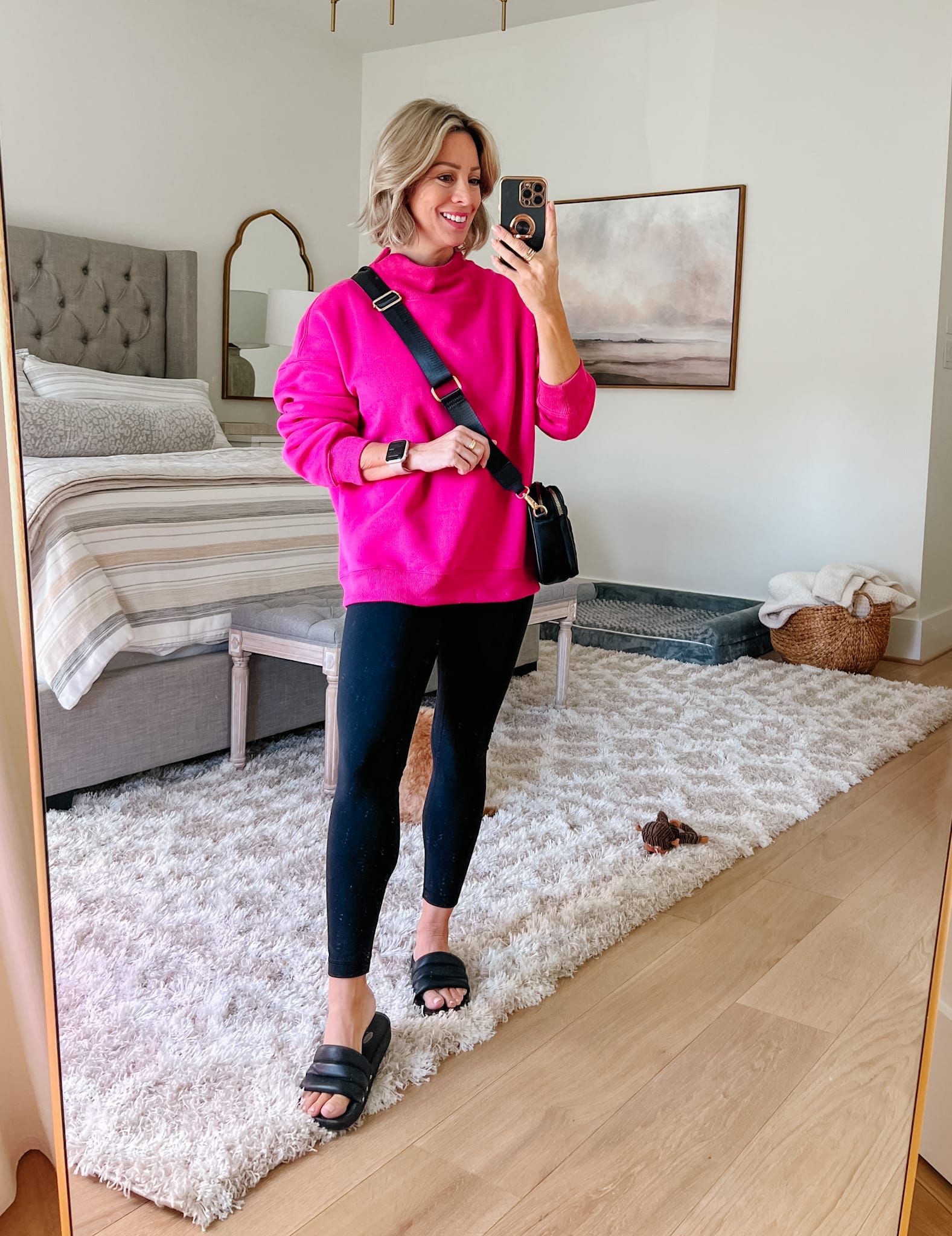 Pink Pullover, leggings, Slides
