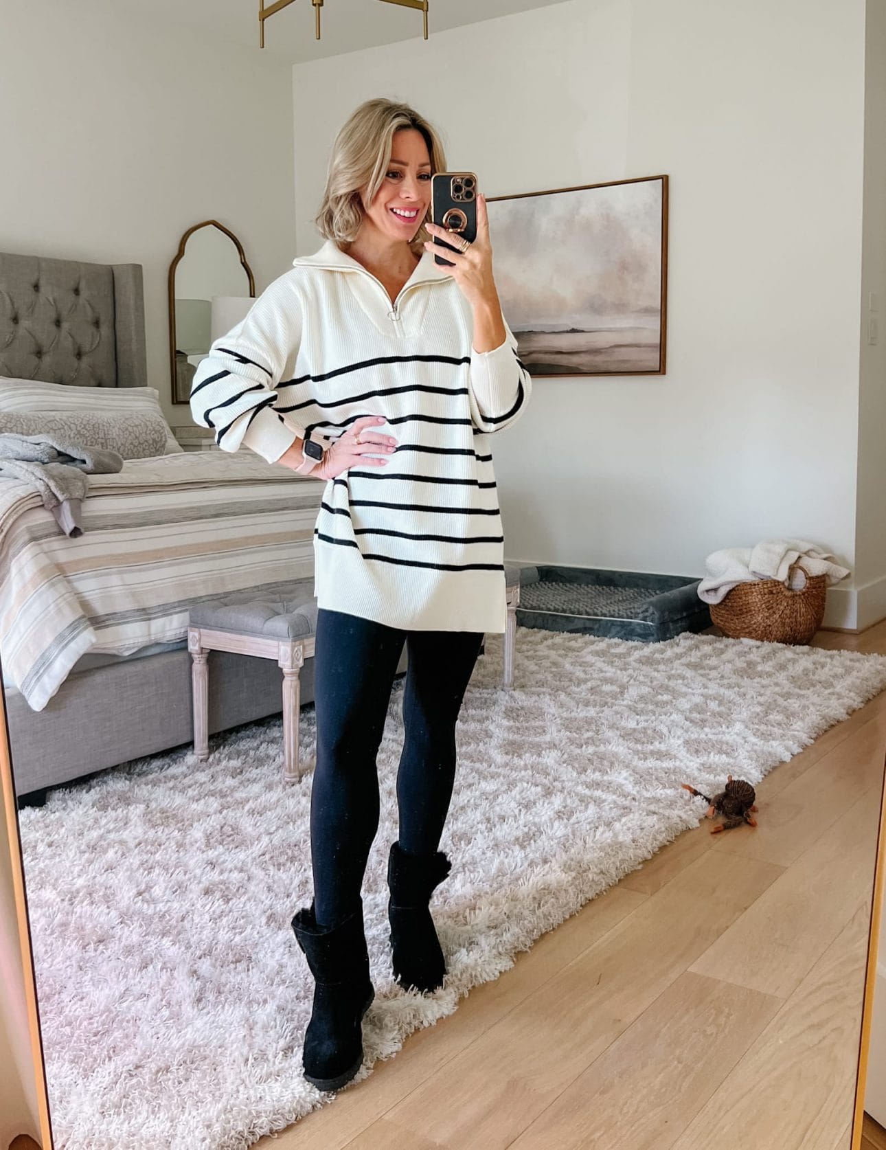 Striped Tunic Sweater, Leggings, uggs
