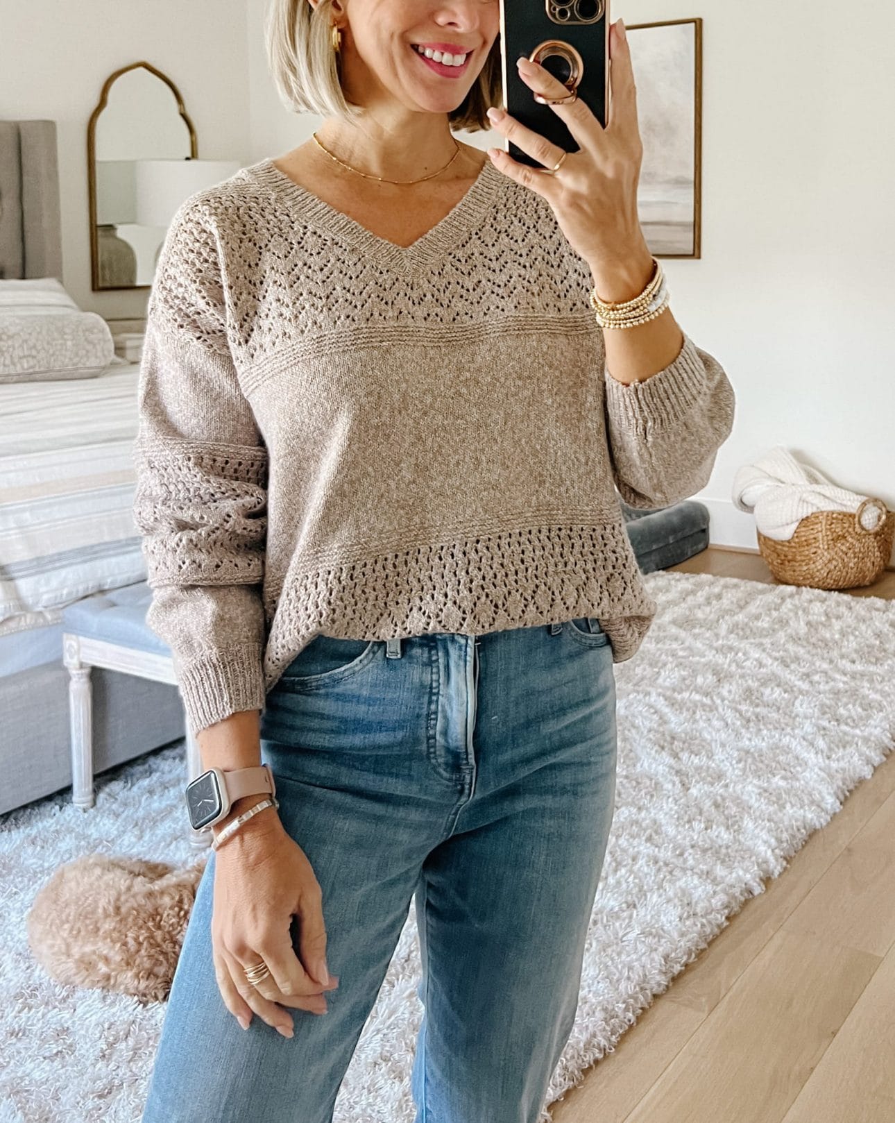 Pointelle Sweater, Jeans