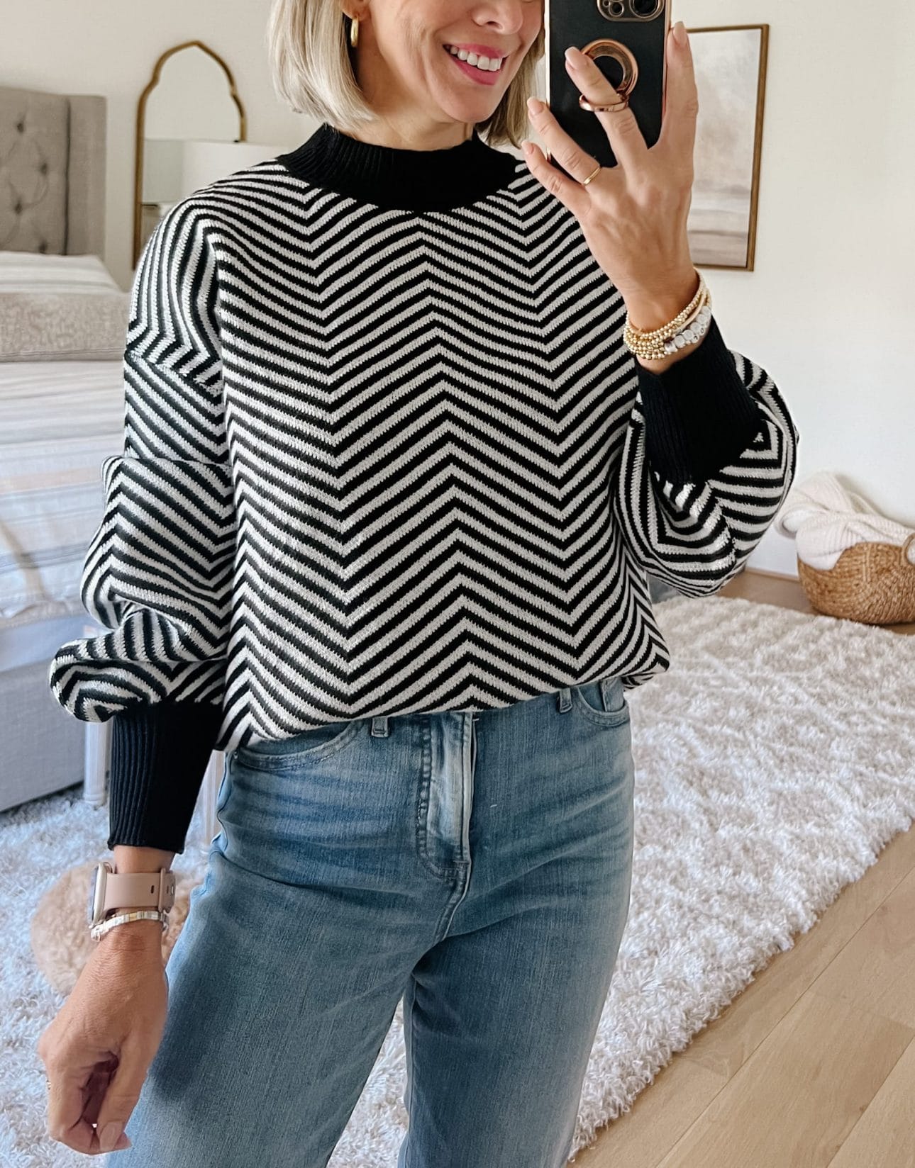 Jeans, Booties, Chevron Striped Black and White Sweater 