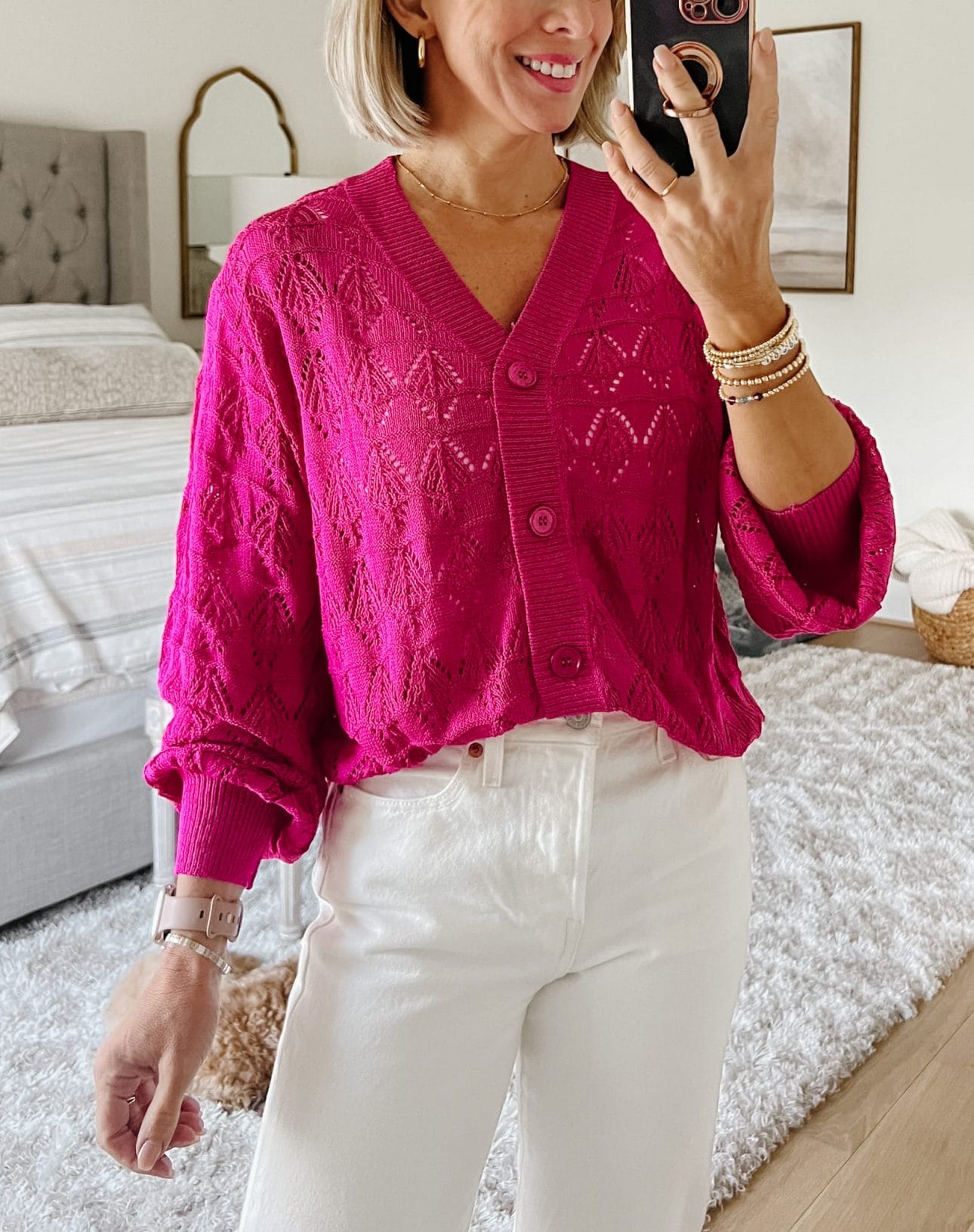 Pink Cardigan, White Denim Jeans