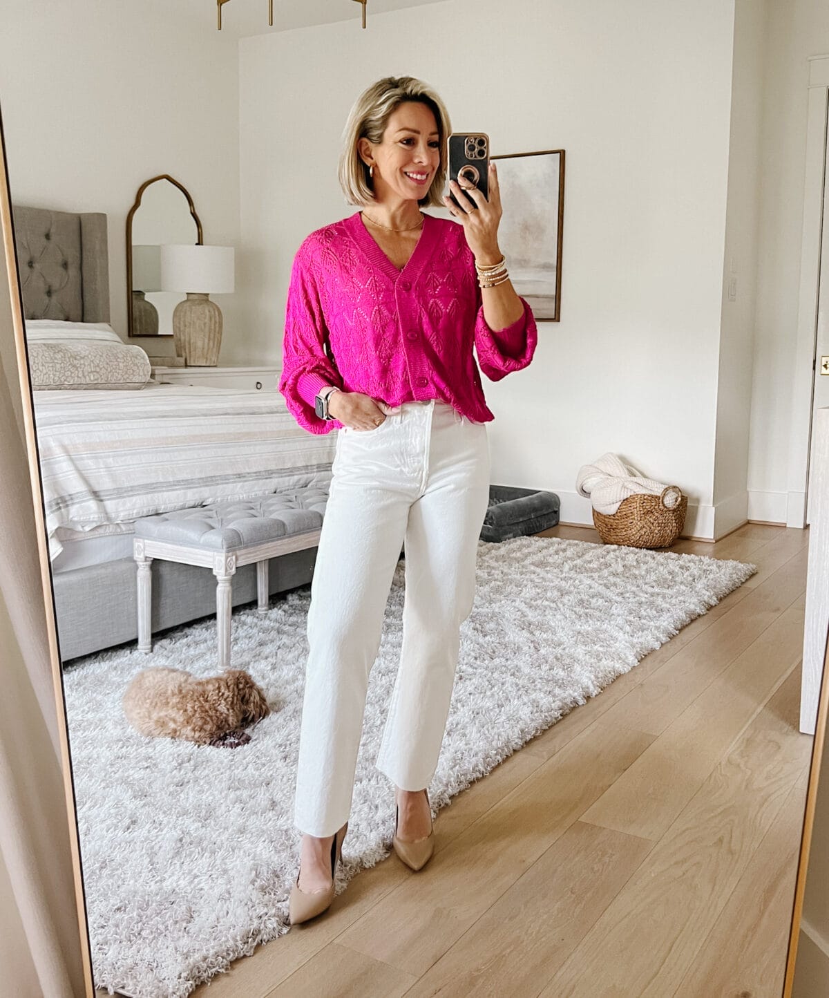 Pink Cardigan, White Denim Jeans, heels