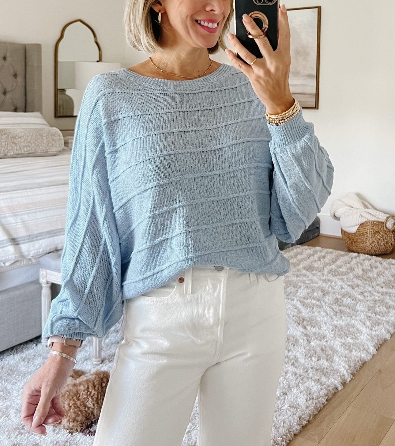 Blue Sweater, White Denim Jeans, Heels 