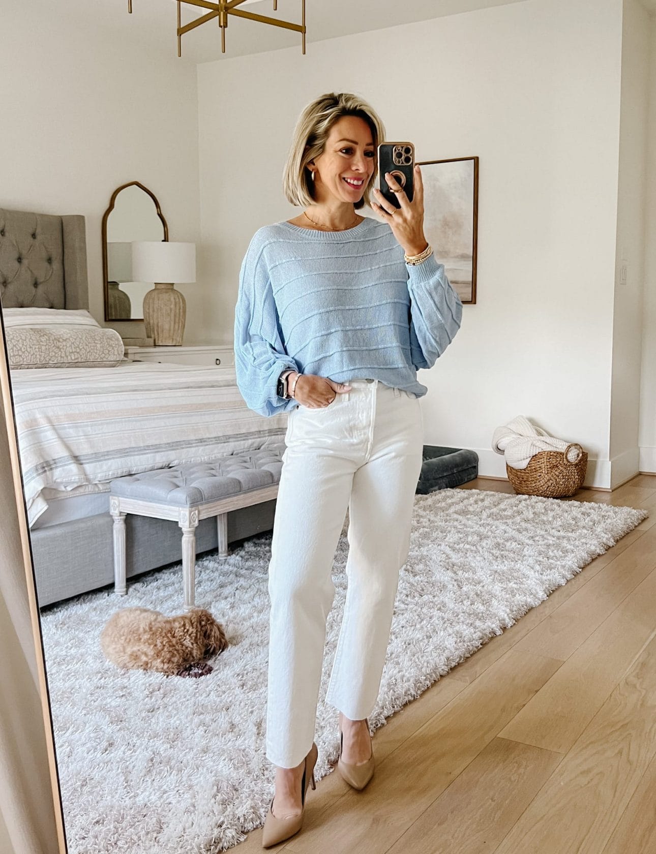 Blue Sweater, White Denim Jeans, Heels 