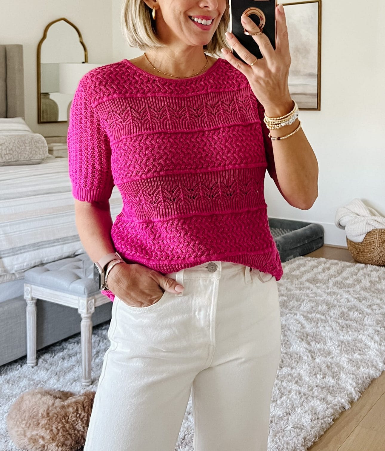 Pink Short Sleeve sweater, Jeans,Heels