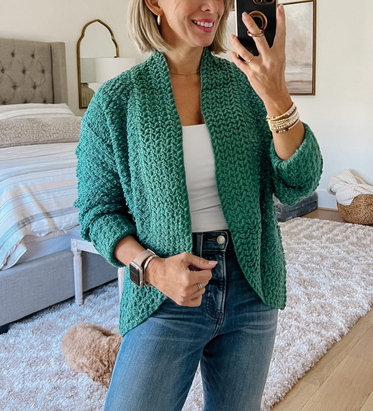 White Cami, Jeans, Green Cardigan