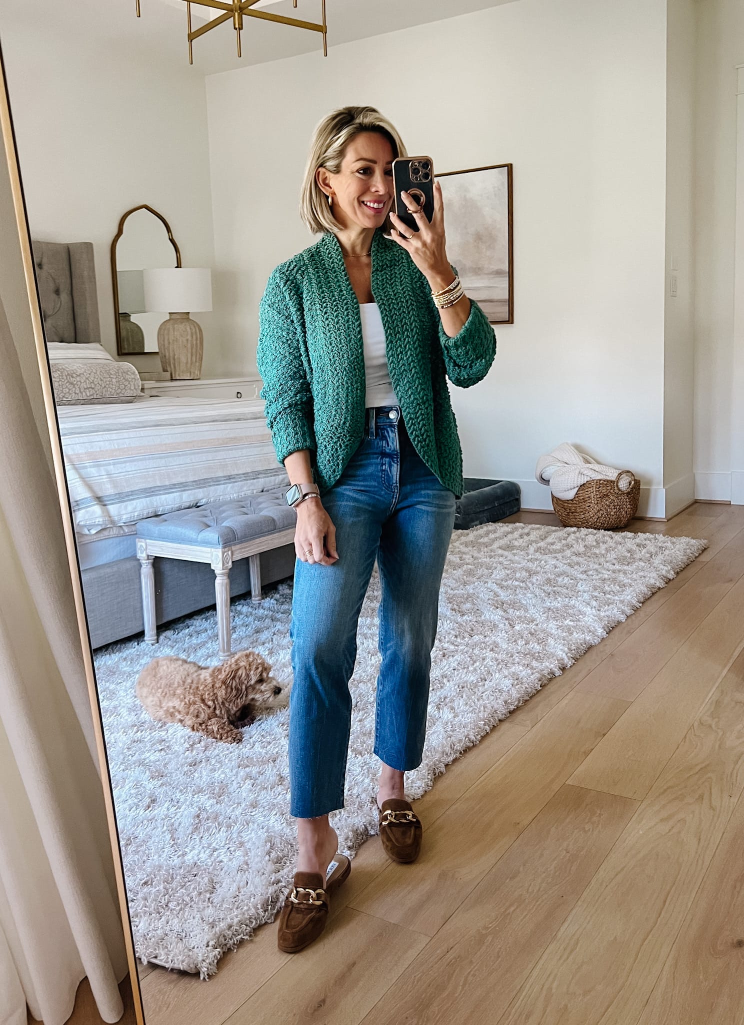 White Cami, Jeans, Green Cardigan, Mules 