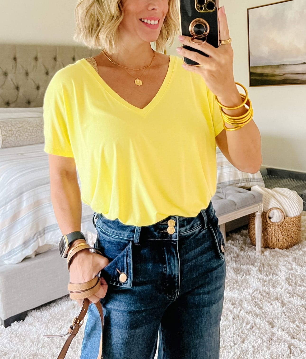 Yellow Tee, Wide Leg Jeans, Sandals 