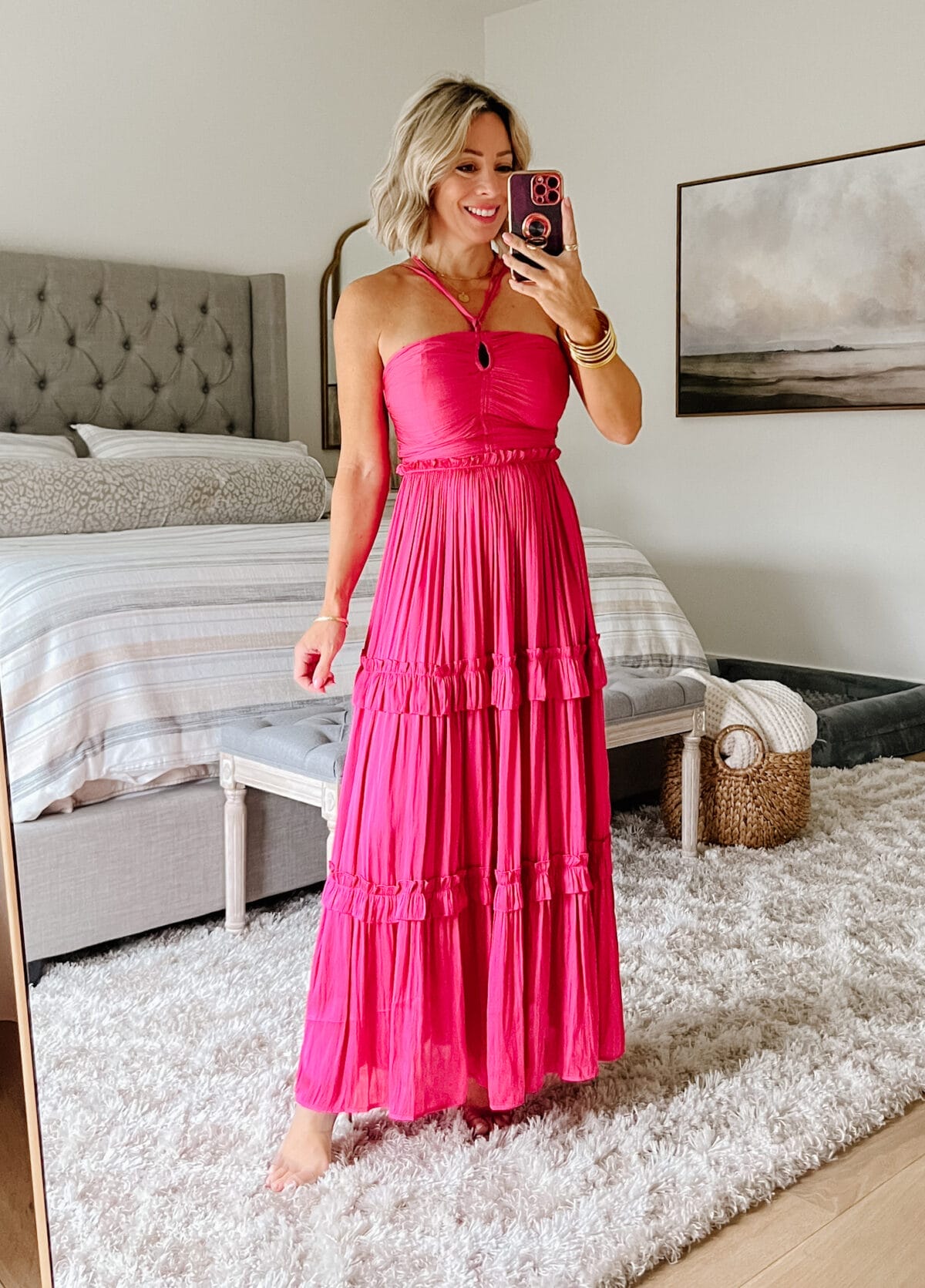 pink satin maxi dress, a stunner for Valentine's Day 