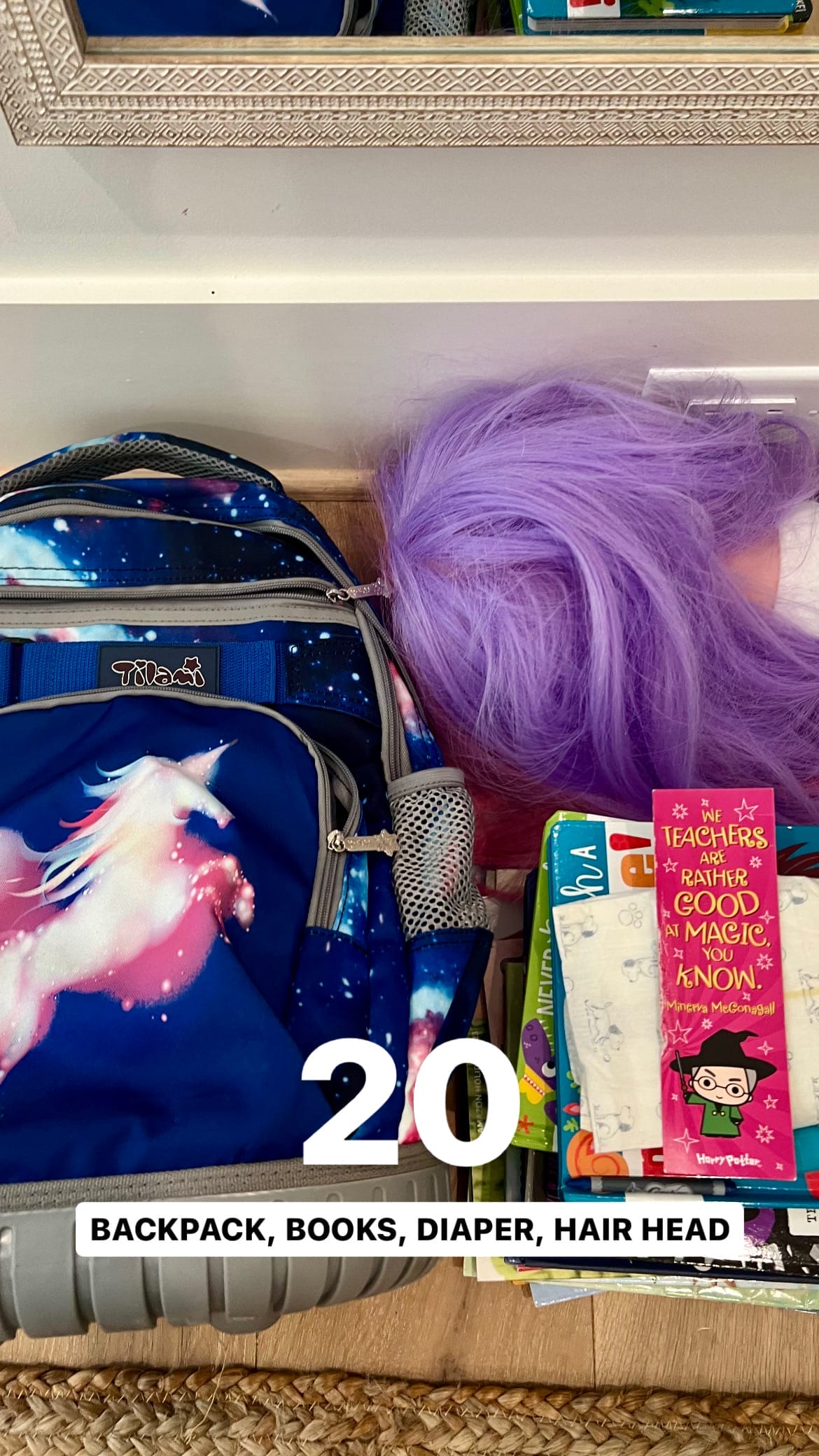 Backpack, Books, Diaper, Hair Head 