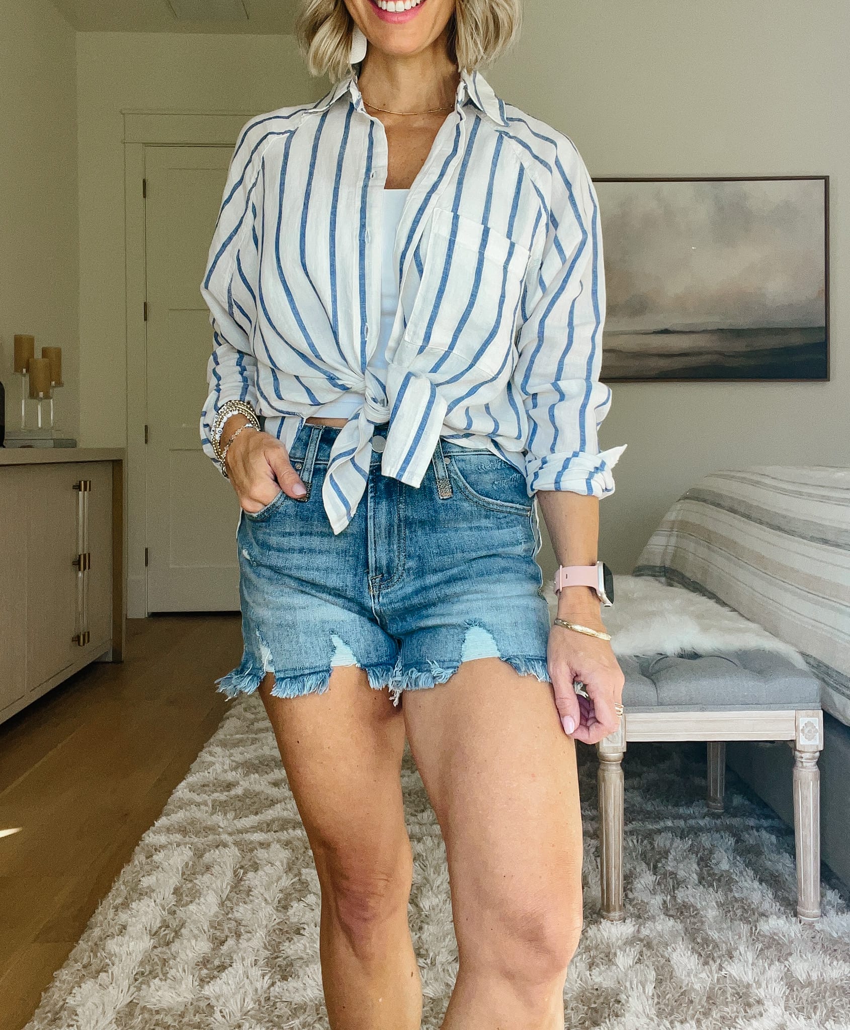 Blue White Striped Top, Shorts, Sandals 