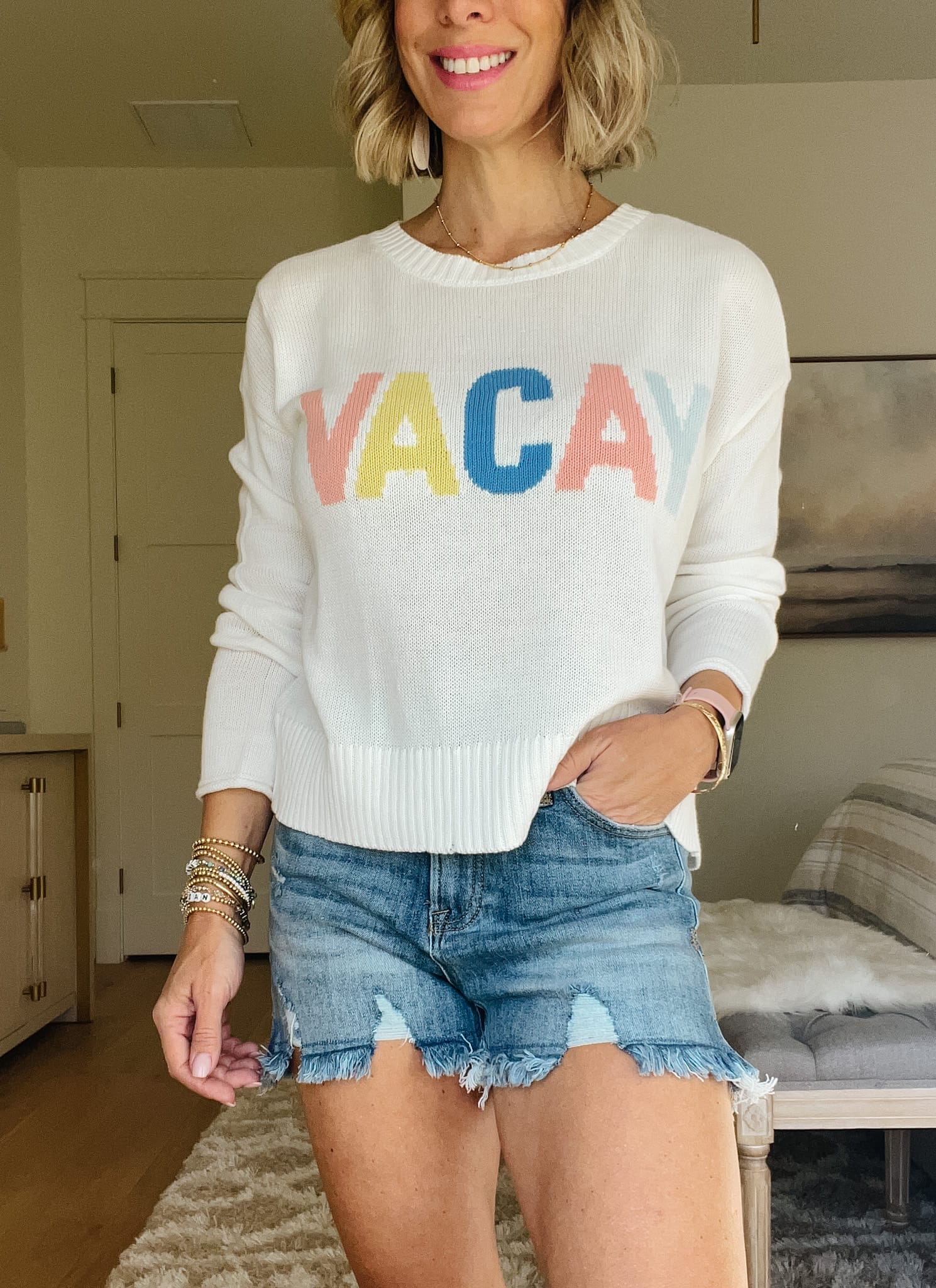 Vacay Sweater, Shorts, Sandals, Woven Bag 