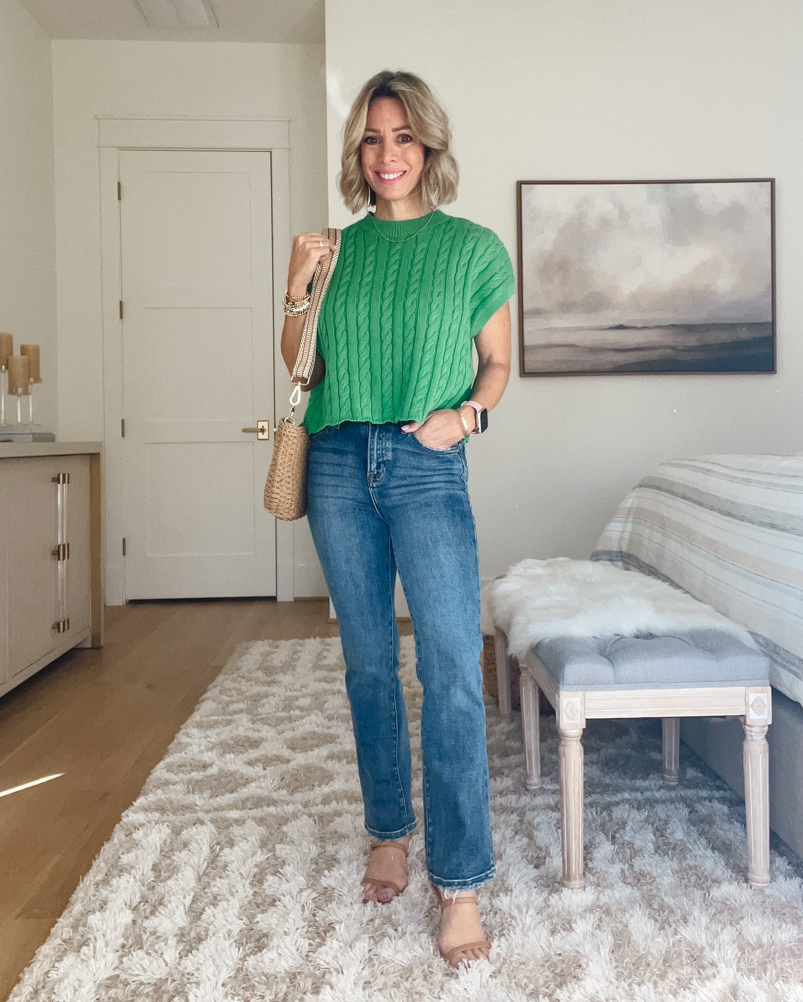 Green Cable Knit Vest, Jeans, Sandals 