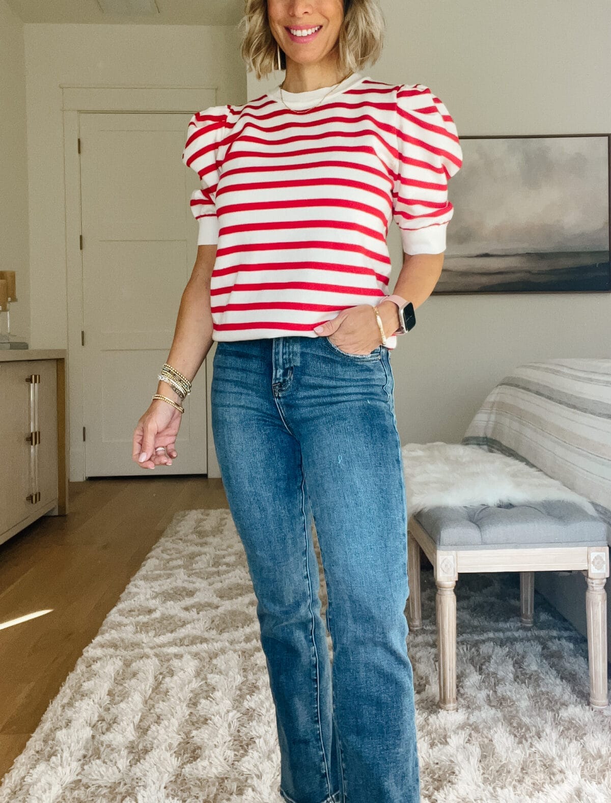Red White Striped Top, Jeans, Heels