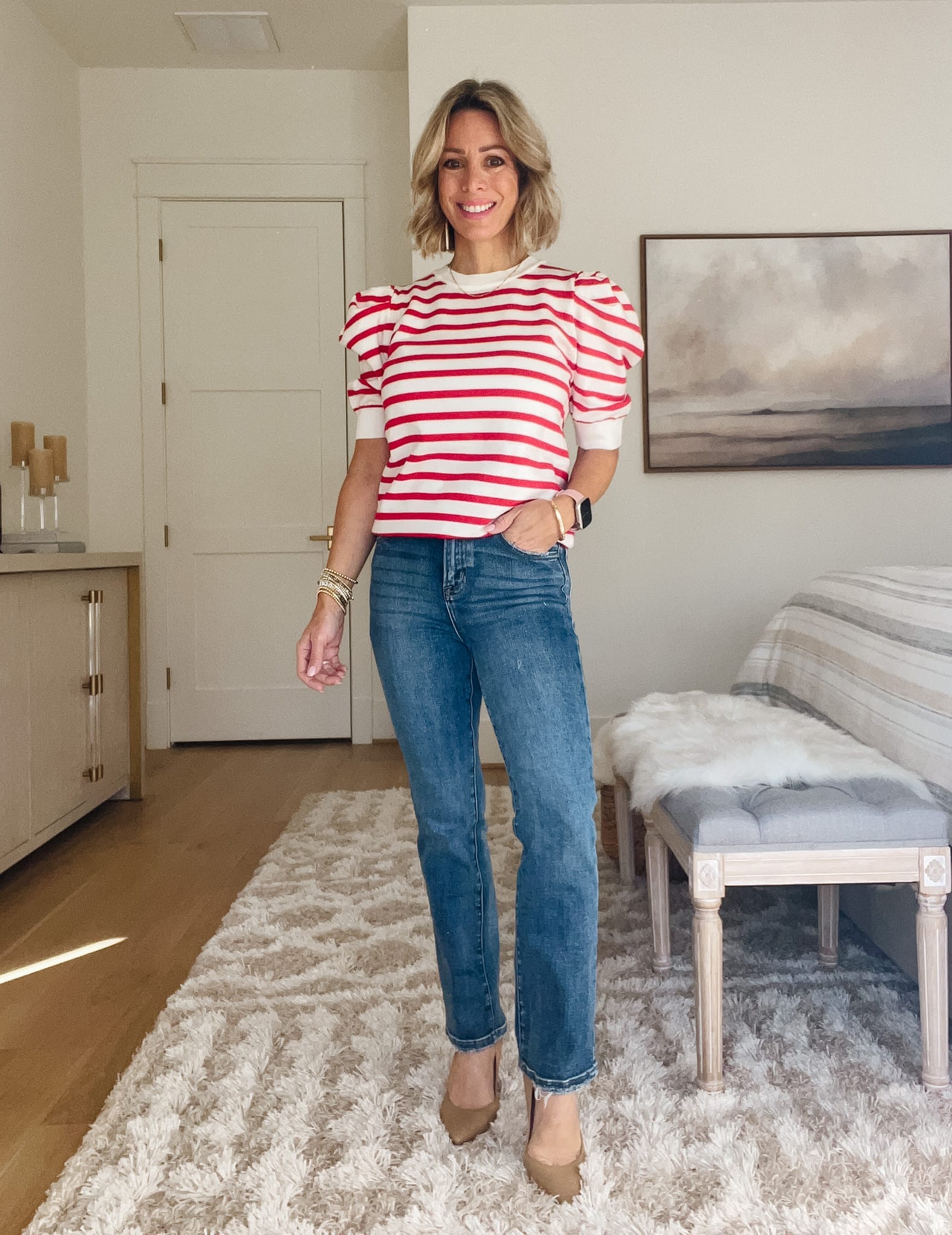 Red White Striped Top, Jeans, Heels 