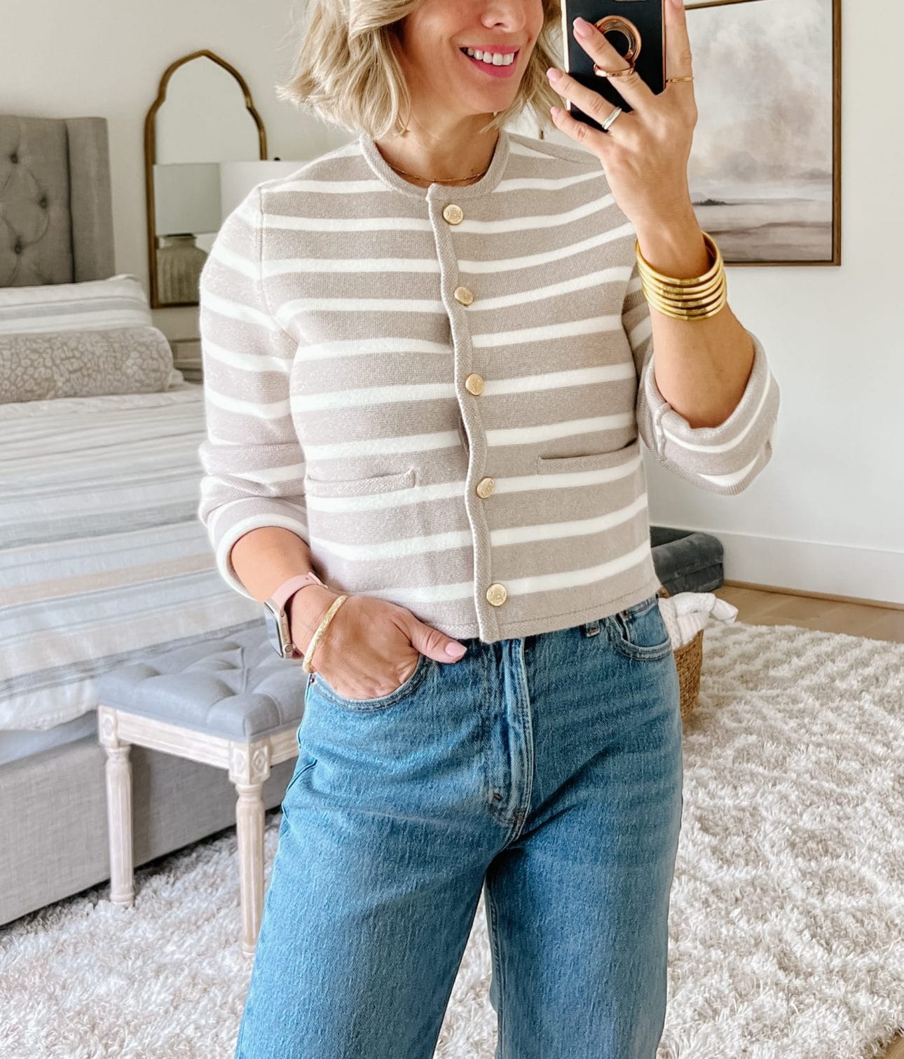 Striped Button Down Cardigan, Jeans