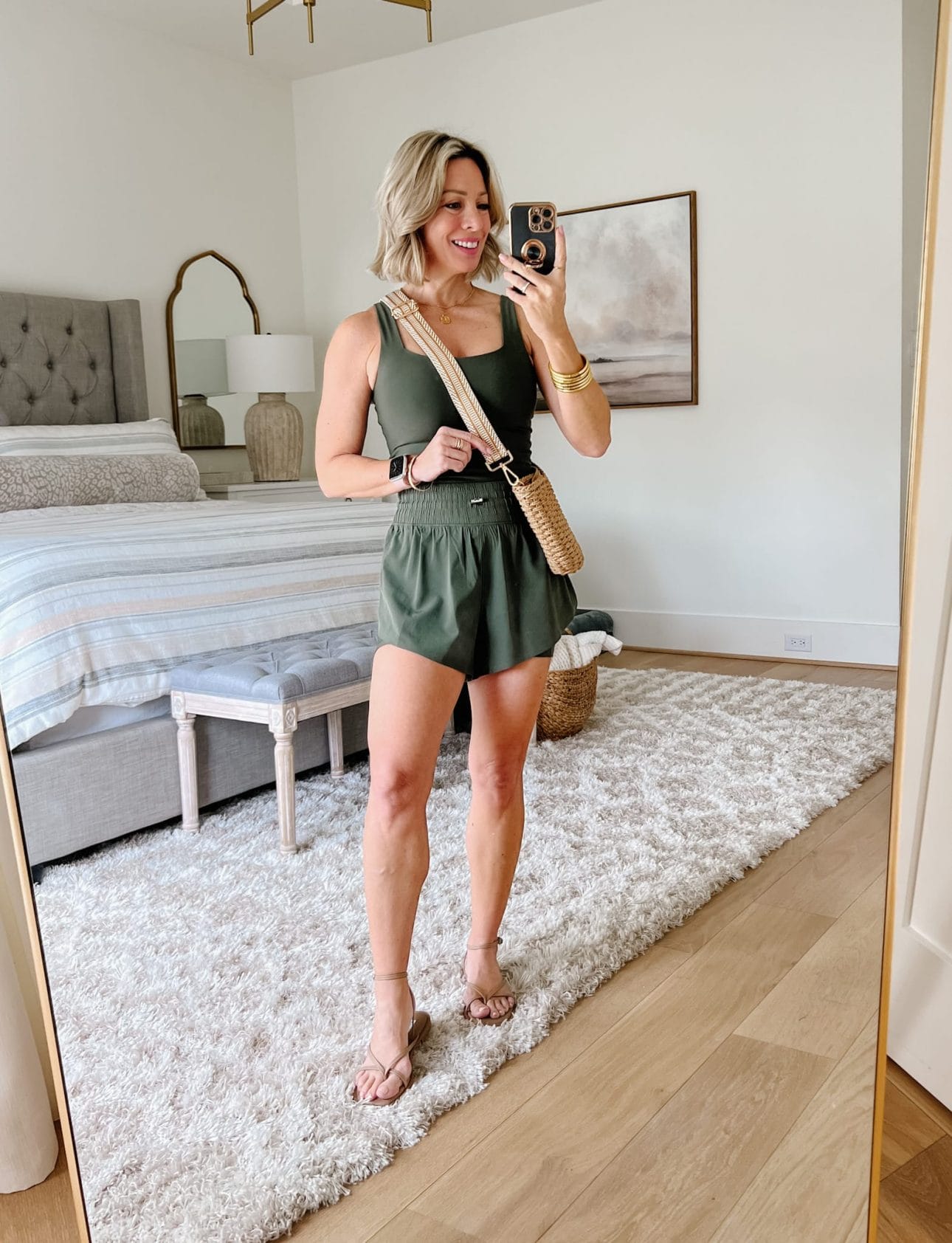 Green Romper, Woven Bag, Strappy Sandals 