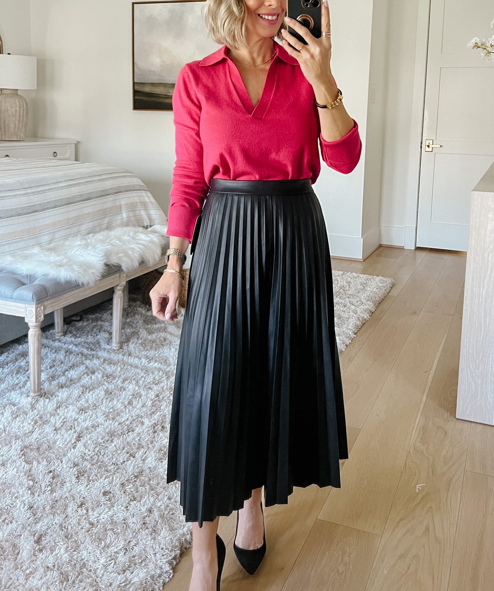 Pink Collared Sweater, Faux Leather skirt, heels 