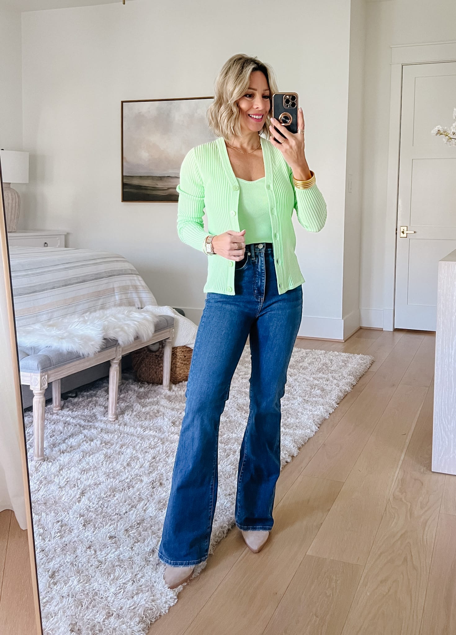 Lime Green Cardigan Set, Jeans, Similar Booties 