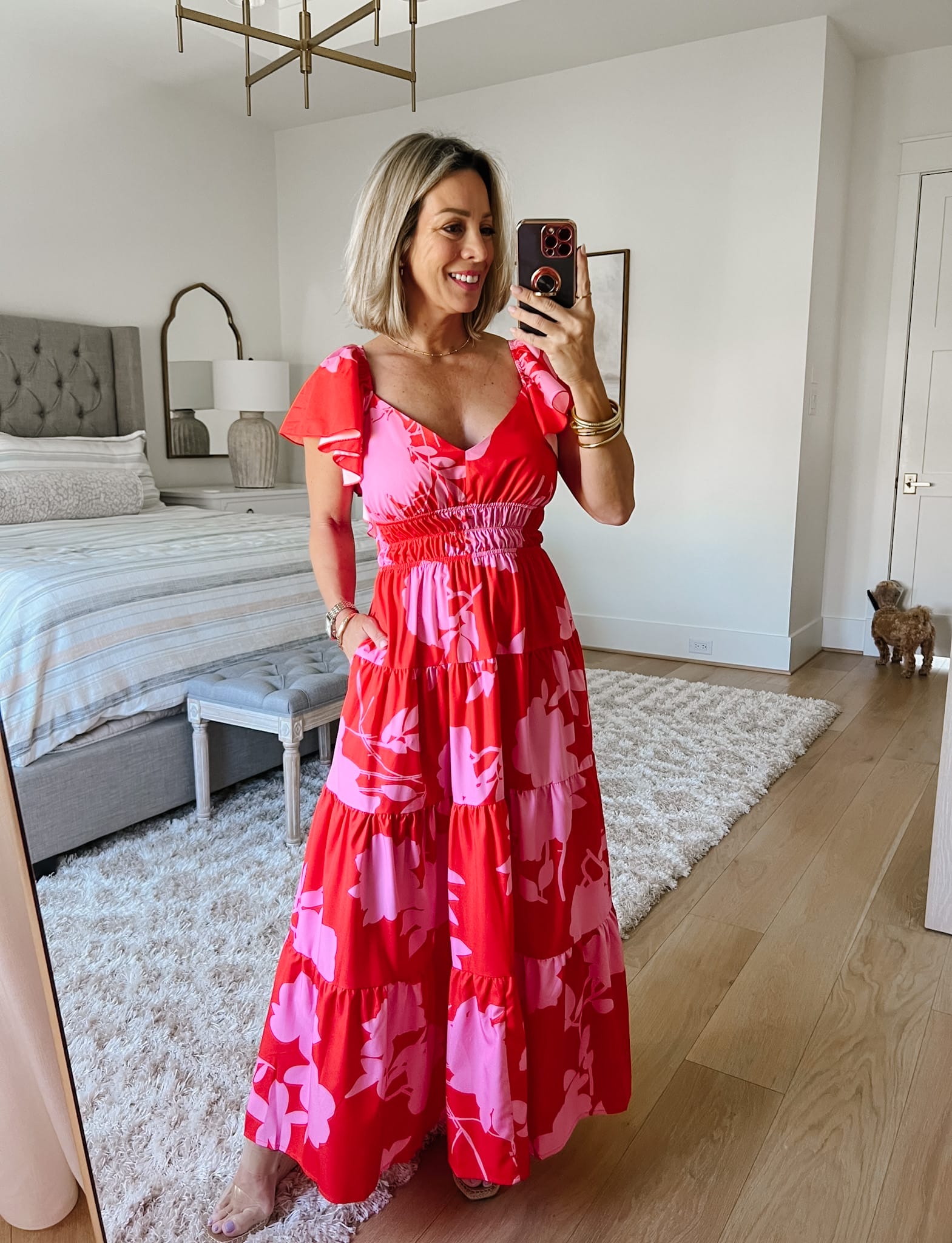 Red, Pink Floral maxi Dress