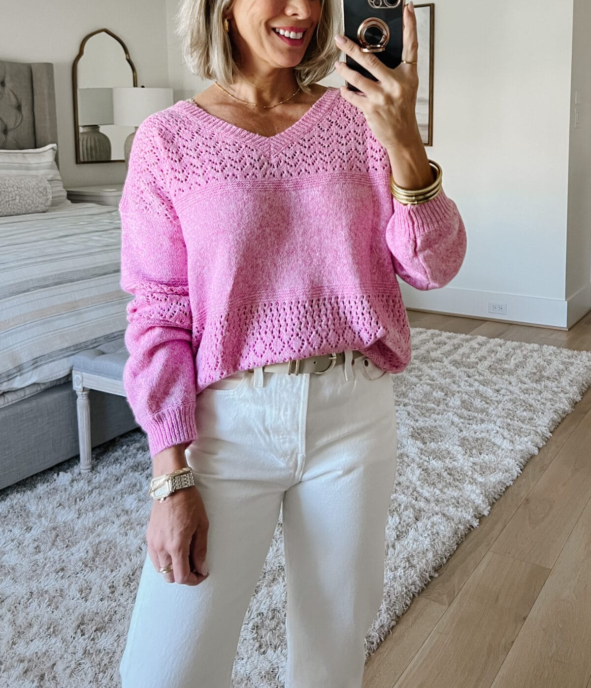 Pink Sweater, Jeans, Sandals, Belt 
