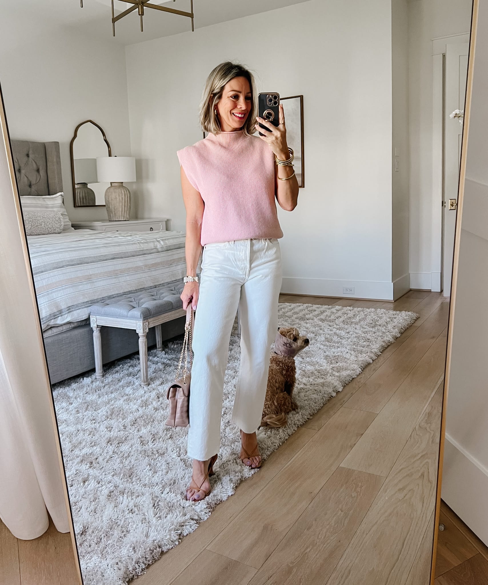 Pink Sweater Vest, White Jeans, Sandals 