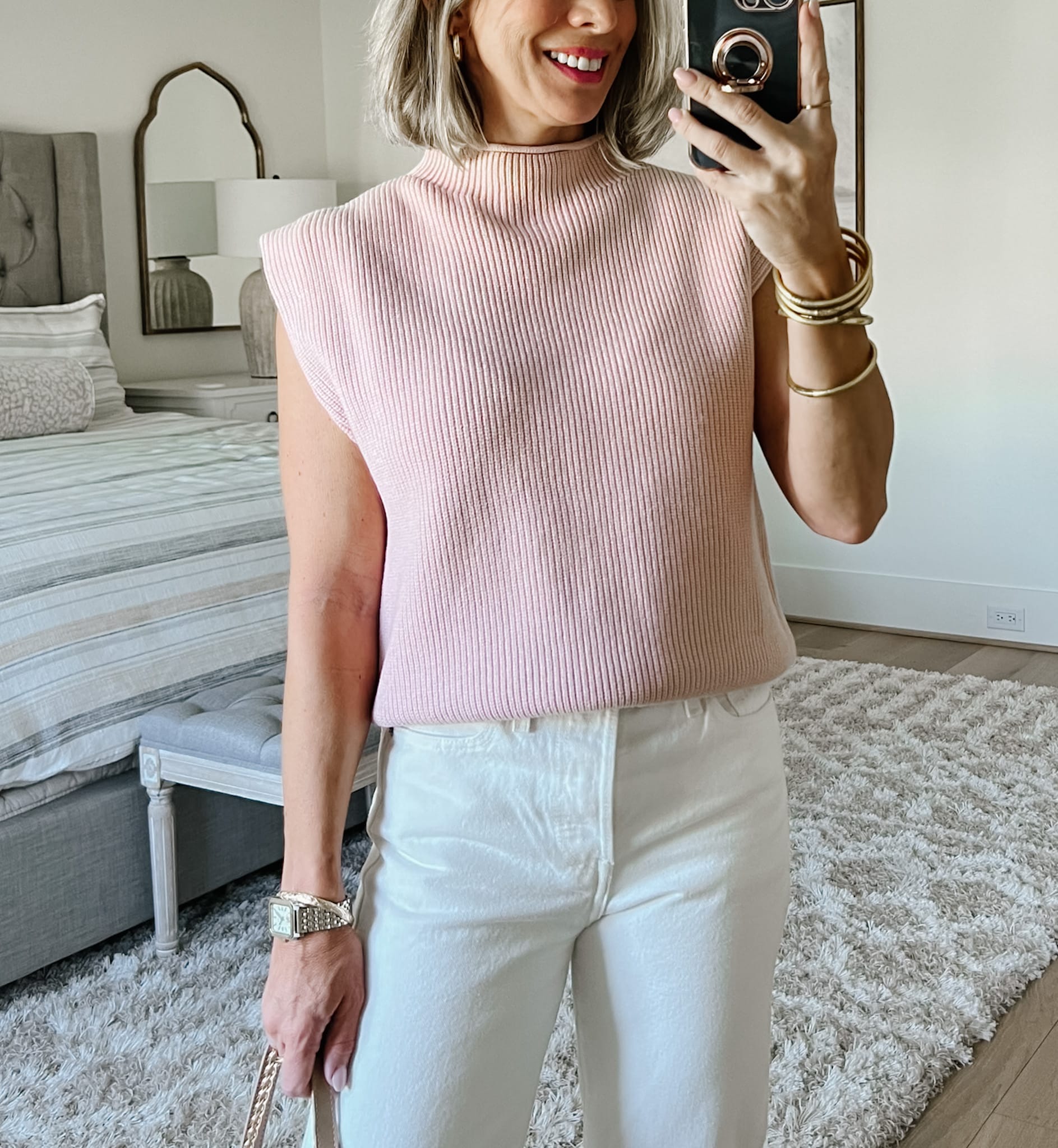 Pink Sweater Vest, White Jeans, Sandals  