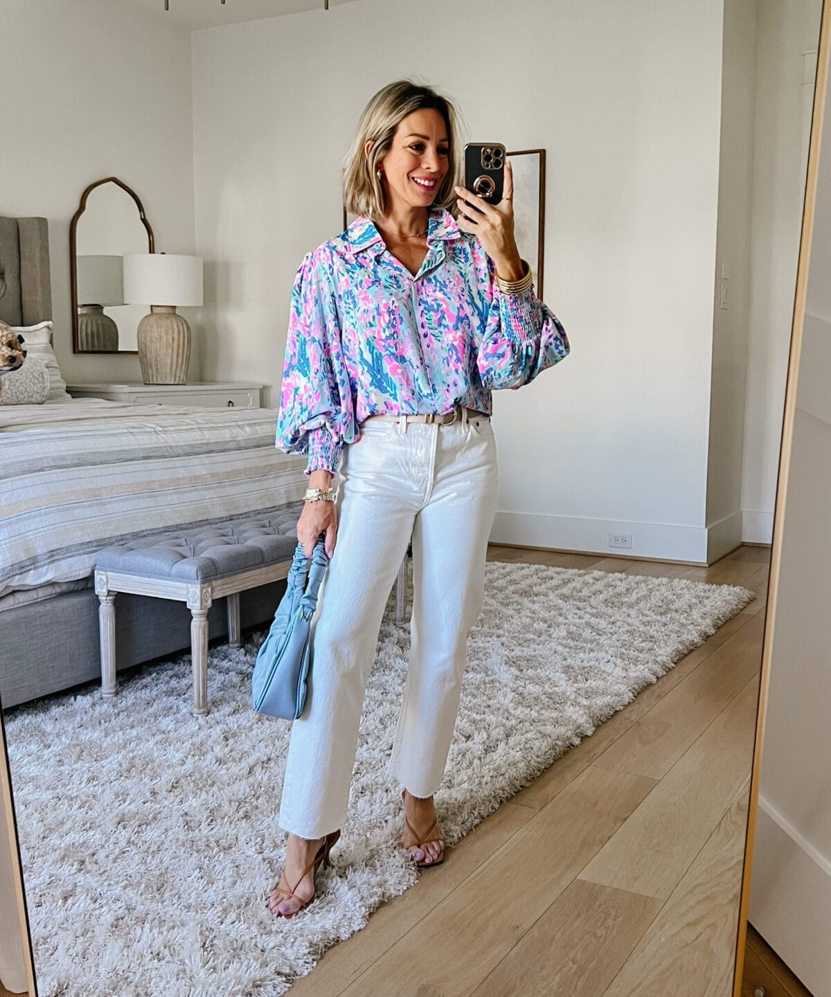 Lily Pulitzer style top, jeans, Sandals 