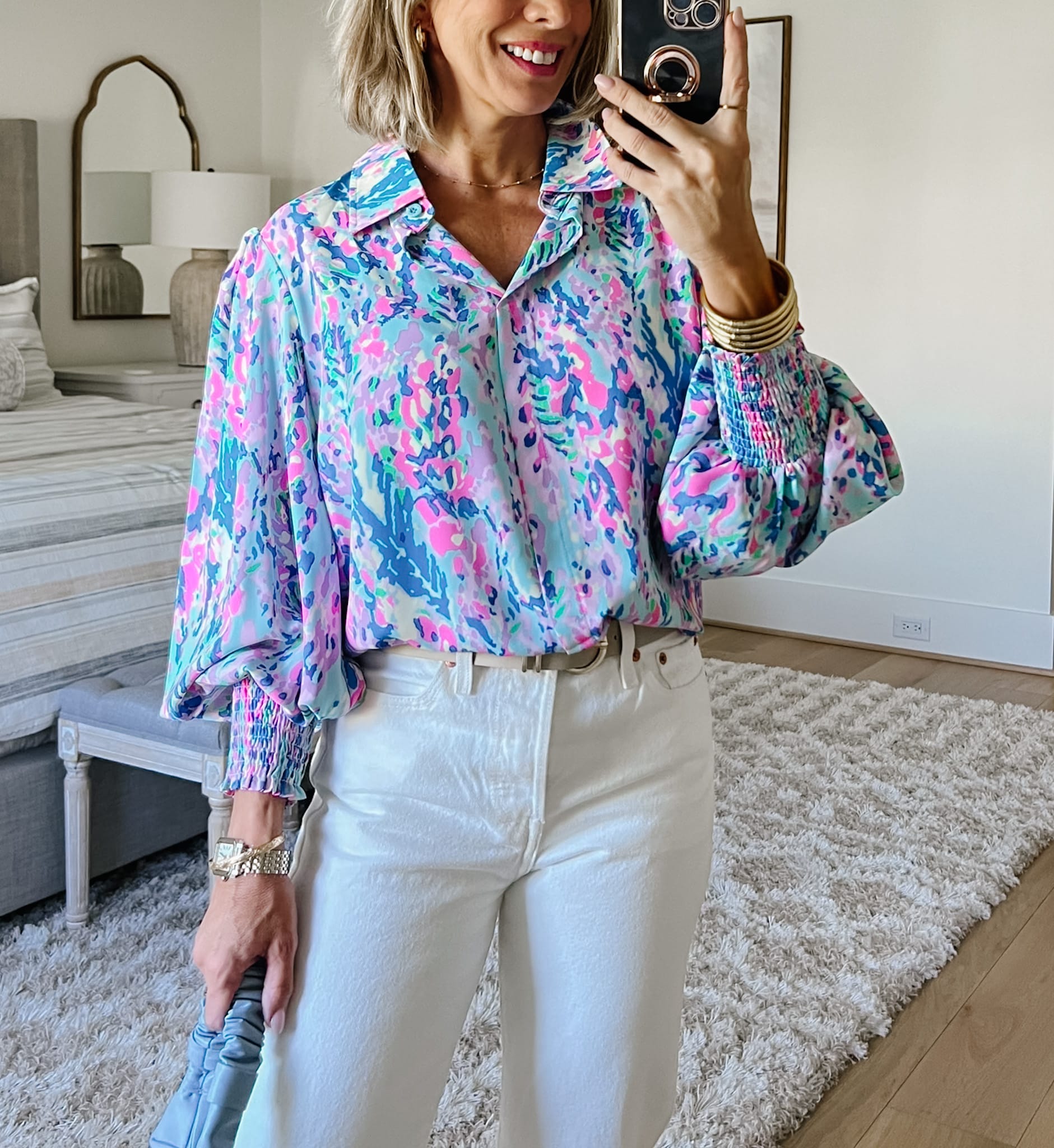 Lily Pulitzer Style Top, White Jeans, Sandals