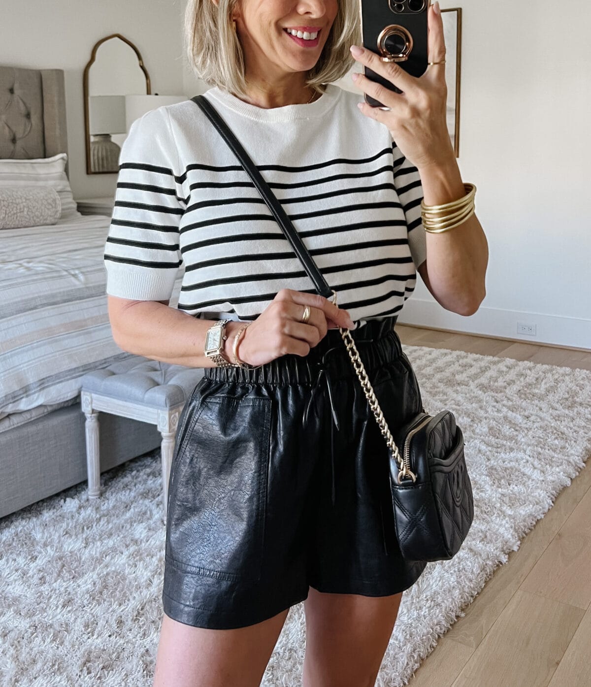 Striped Top, Faux Leather Shorts, Crossbody 