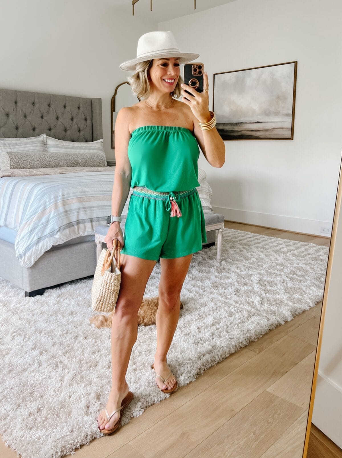 Green Romper, Woven Tote, Hat, Sandals 