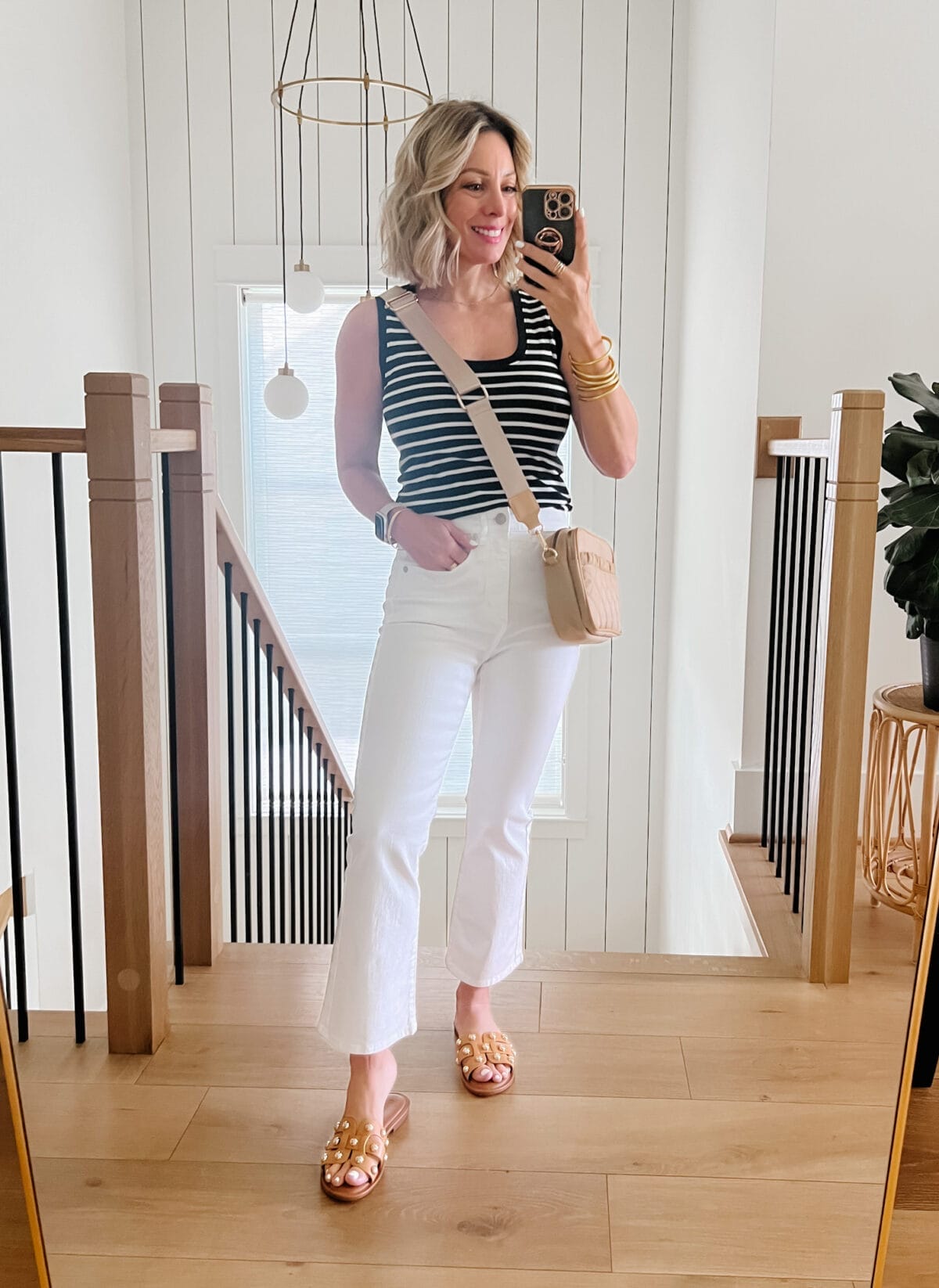 striped tank, white jeans, studded sandals 