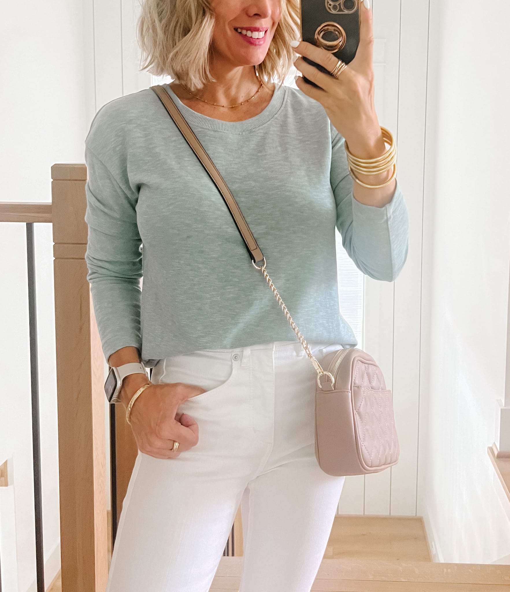 Long Sleeve top, Jeans, Sandals 