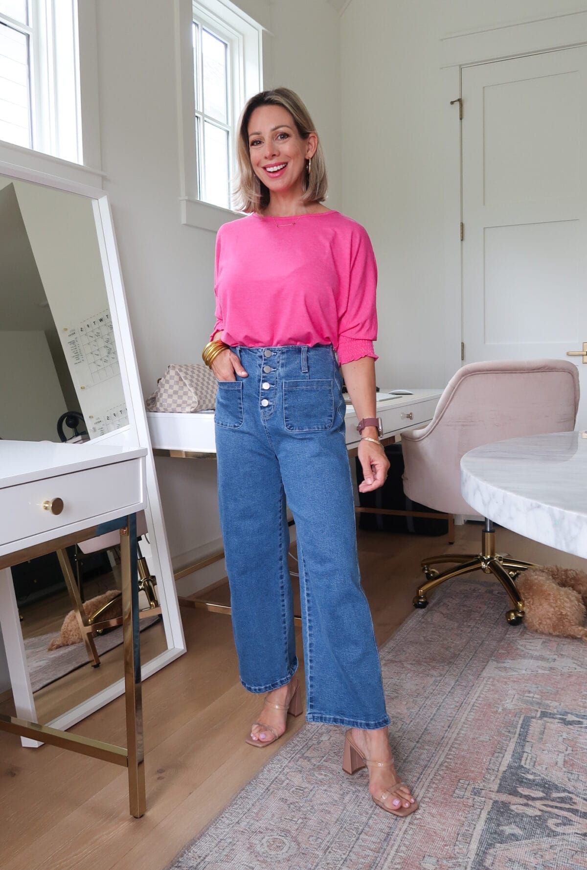 Pink Top, Button Fly Jeans 