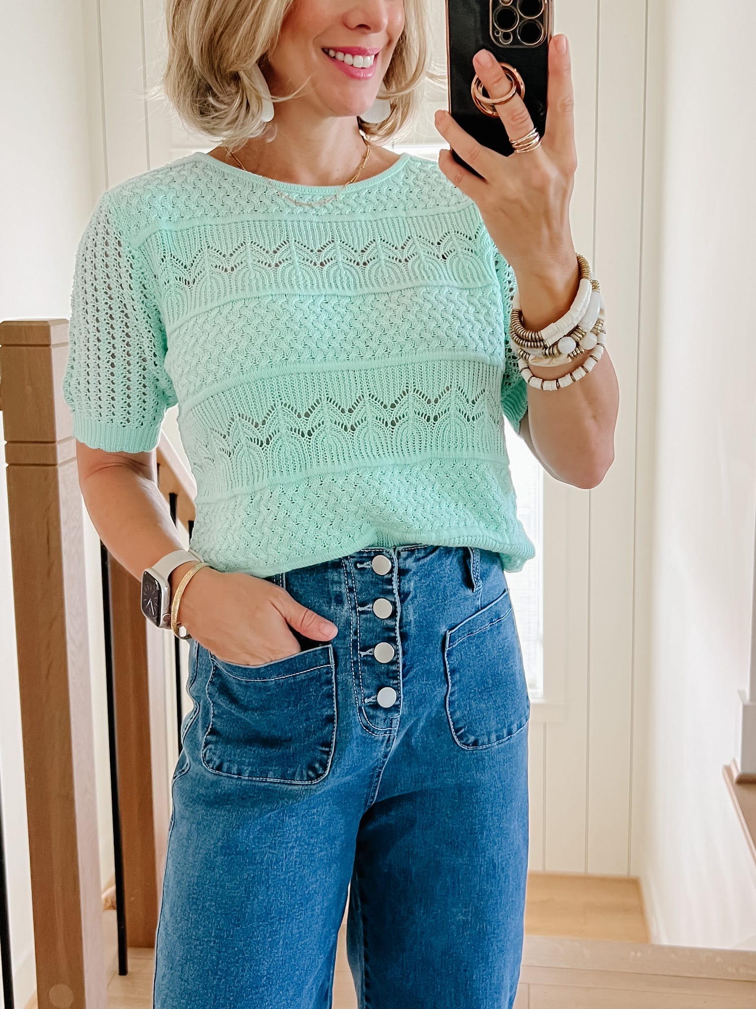 Green Sweater, Button Fly Jeans, Clear Sandals 