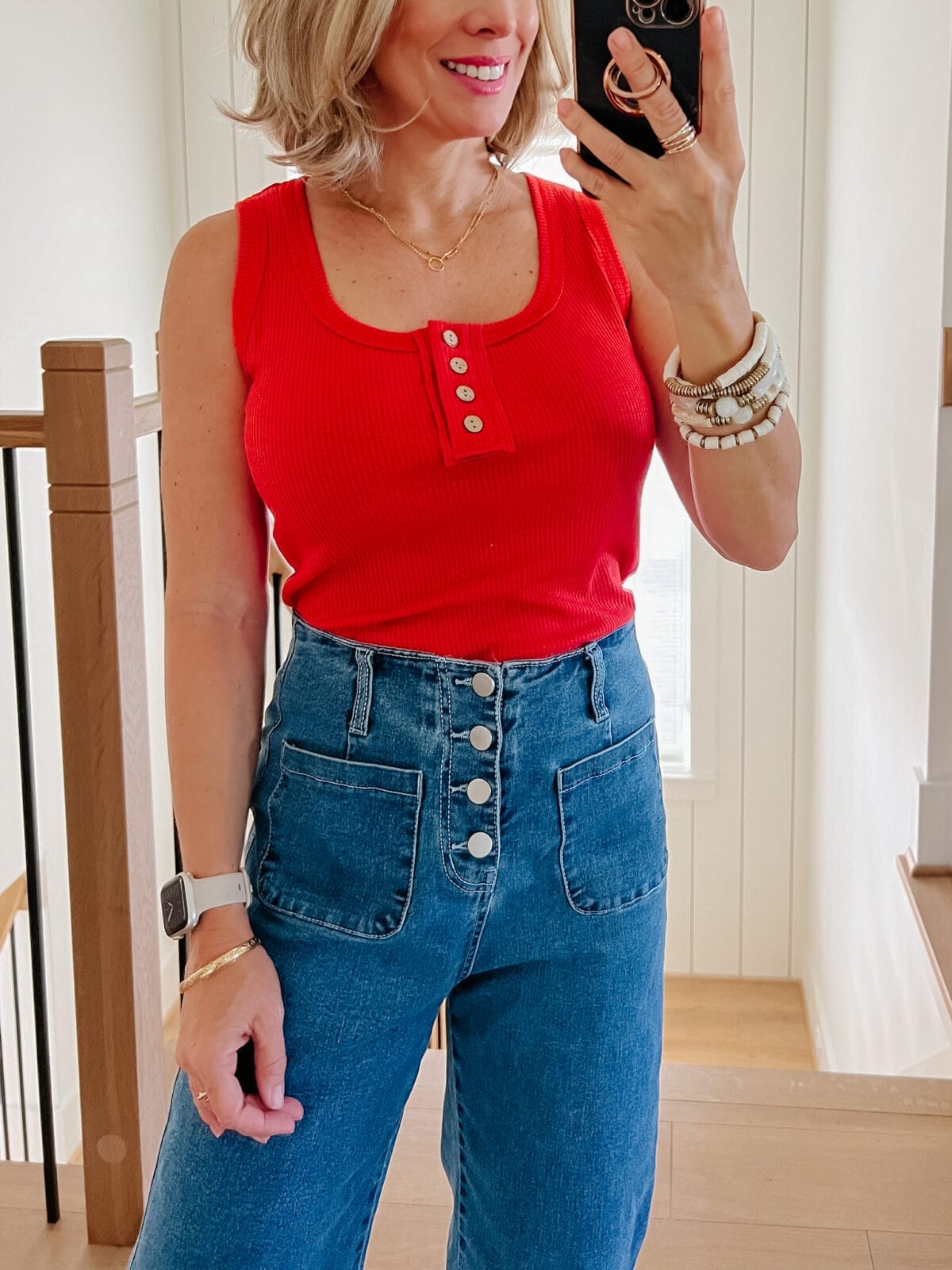Red Henley Tank, Button Front Jeans, Studded Sandals 