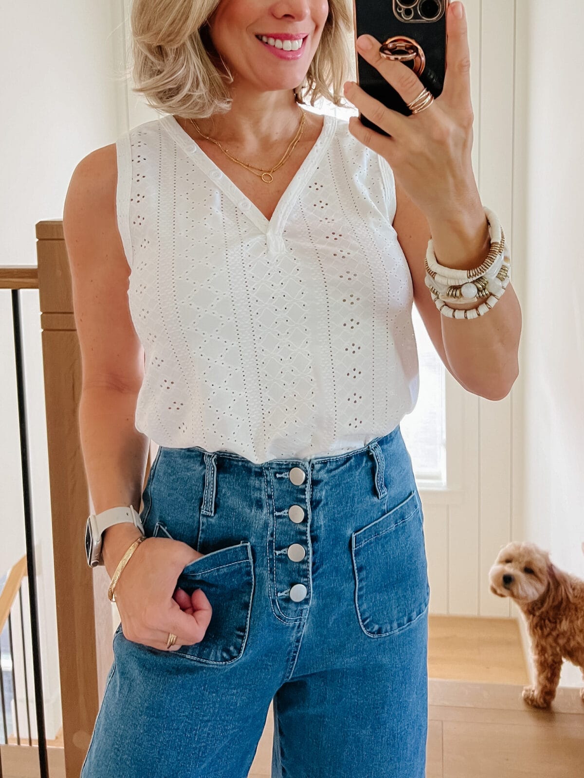 Eyelet Tank, Button Front Jeans, Sandals 