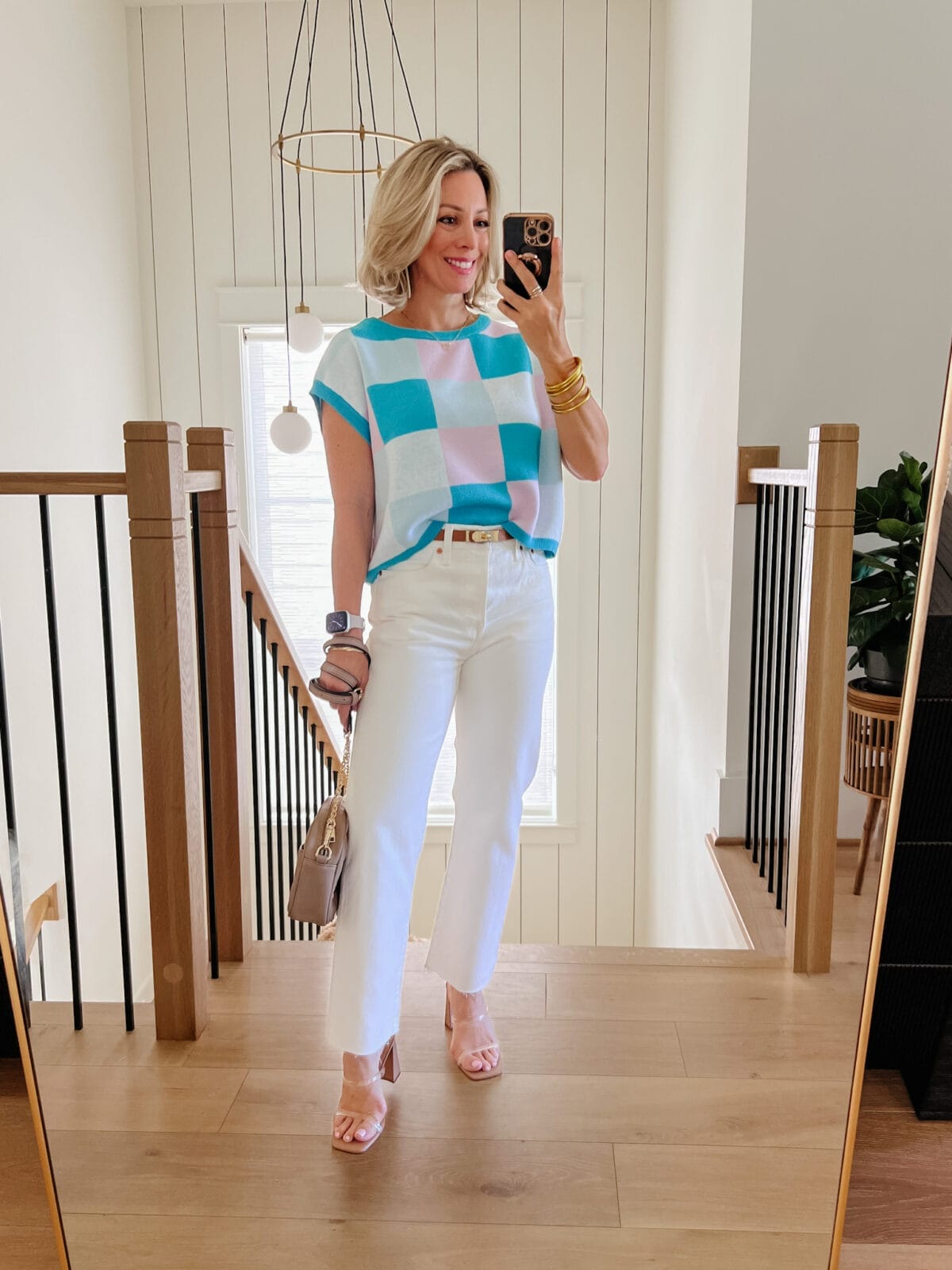 Pink and Blue Sweater Vest, White Denim, Clear Heels, Crossbody 