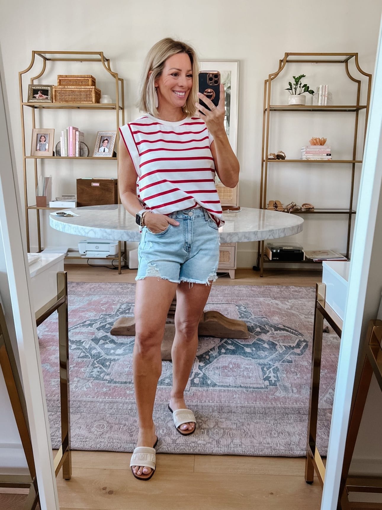 Striped Muscle Tank, Jeans Shorts, Sandals 