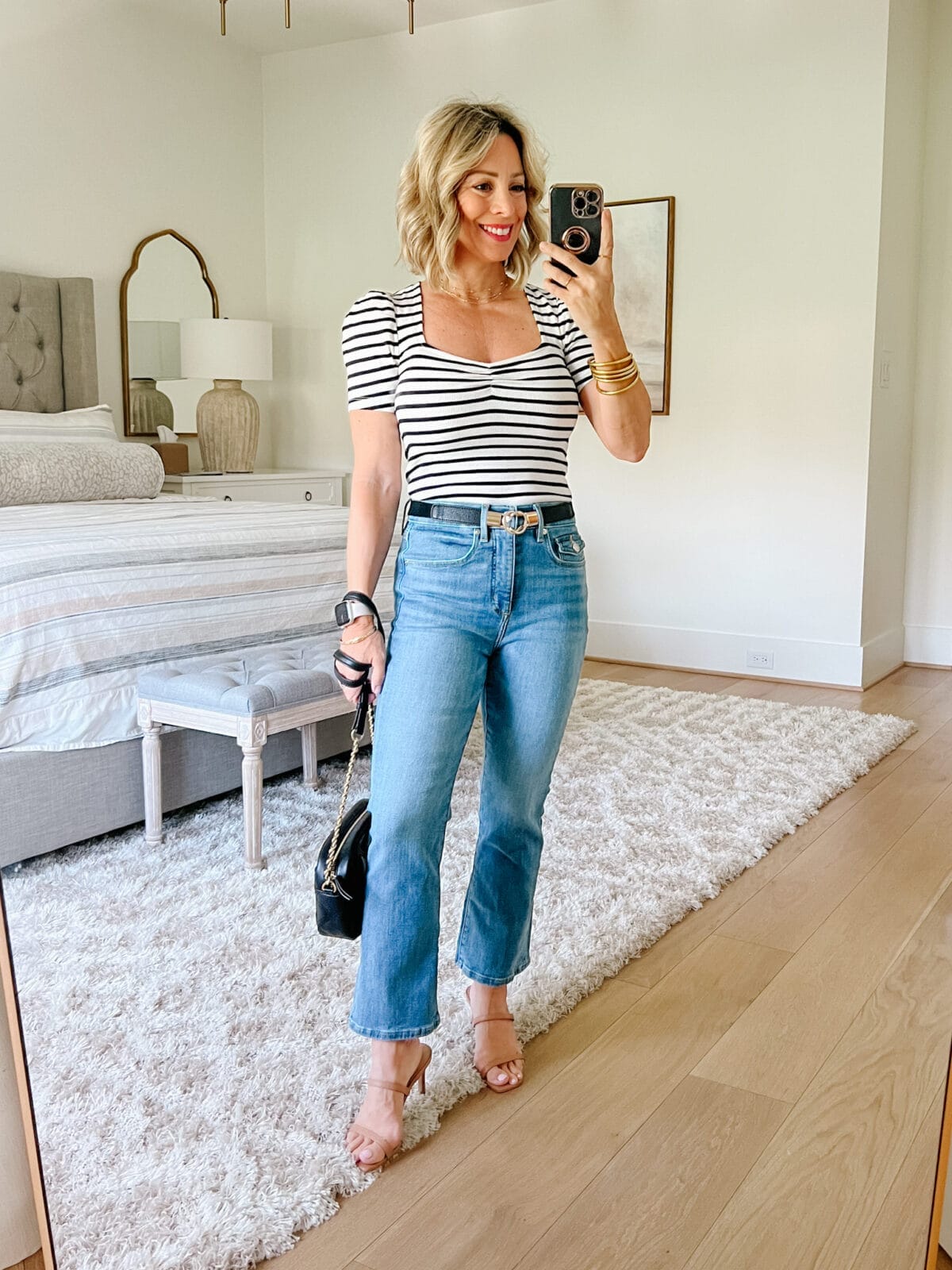 Striped Top, Jeans, Sandals, Crossbody 