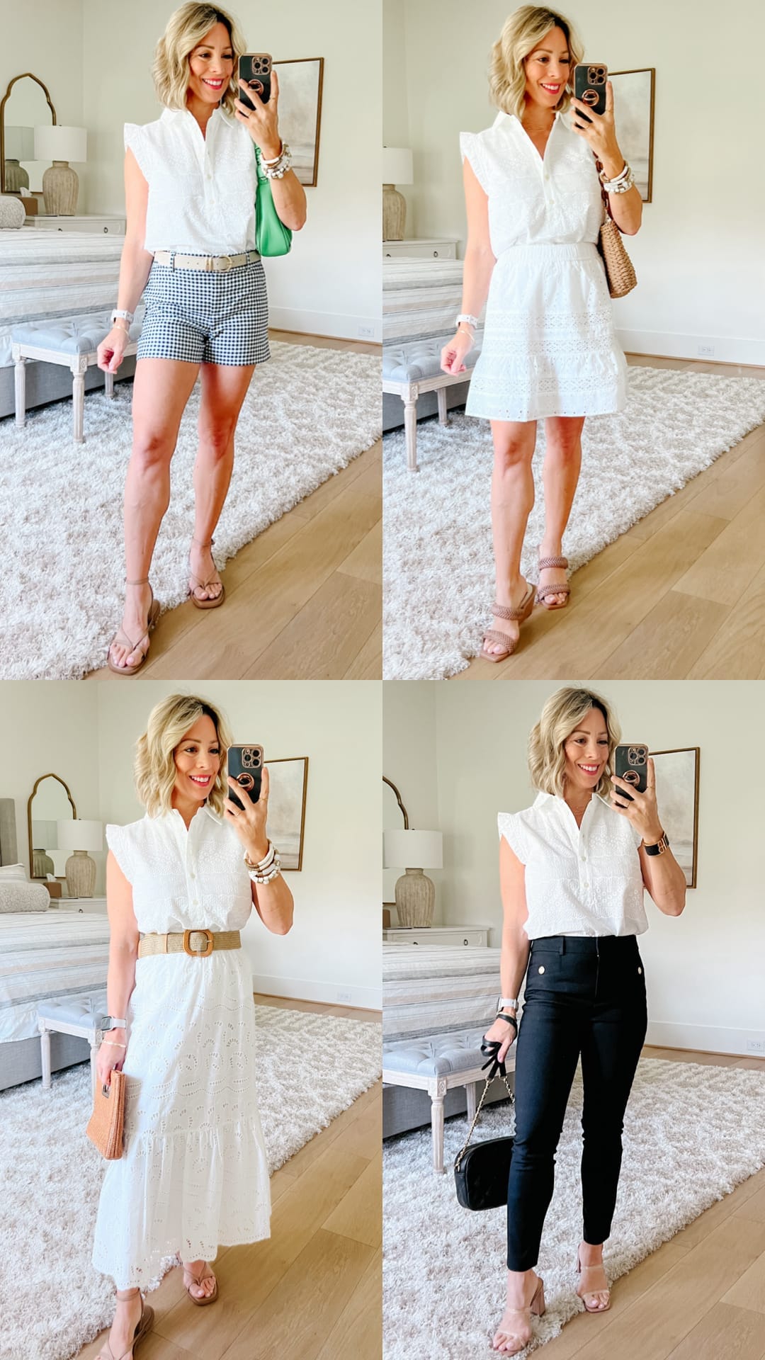 White Eyelet Top, SHorts, Skirt, Pants, Clear Sandals 