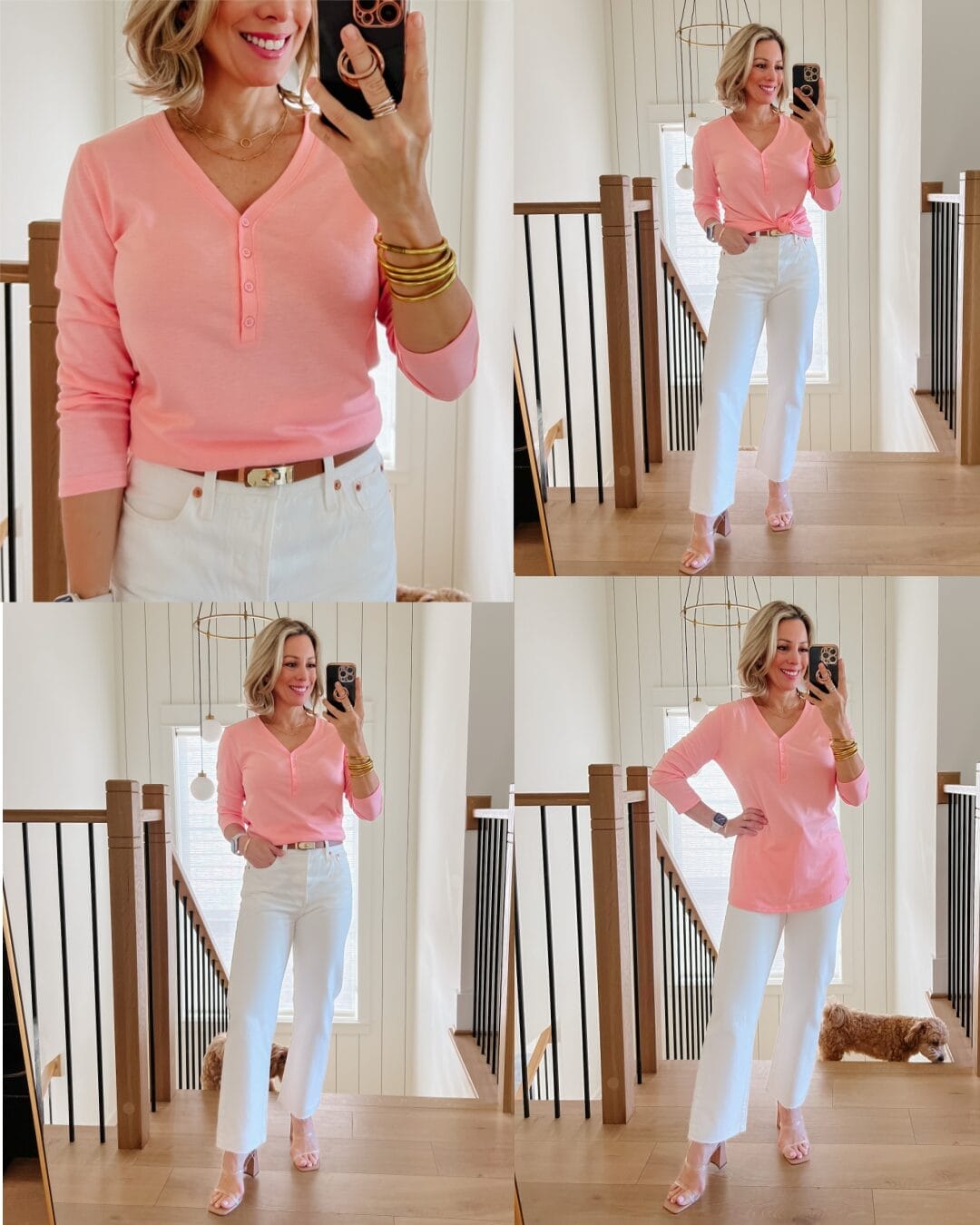 Pink 3/4 Sleeve Tee, White Jeans, Sandals 