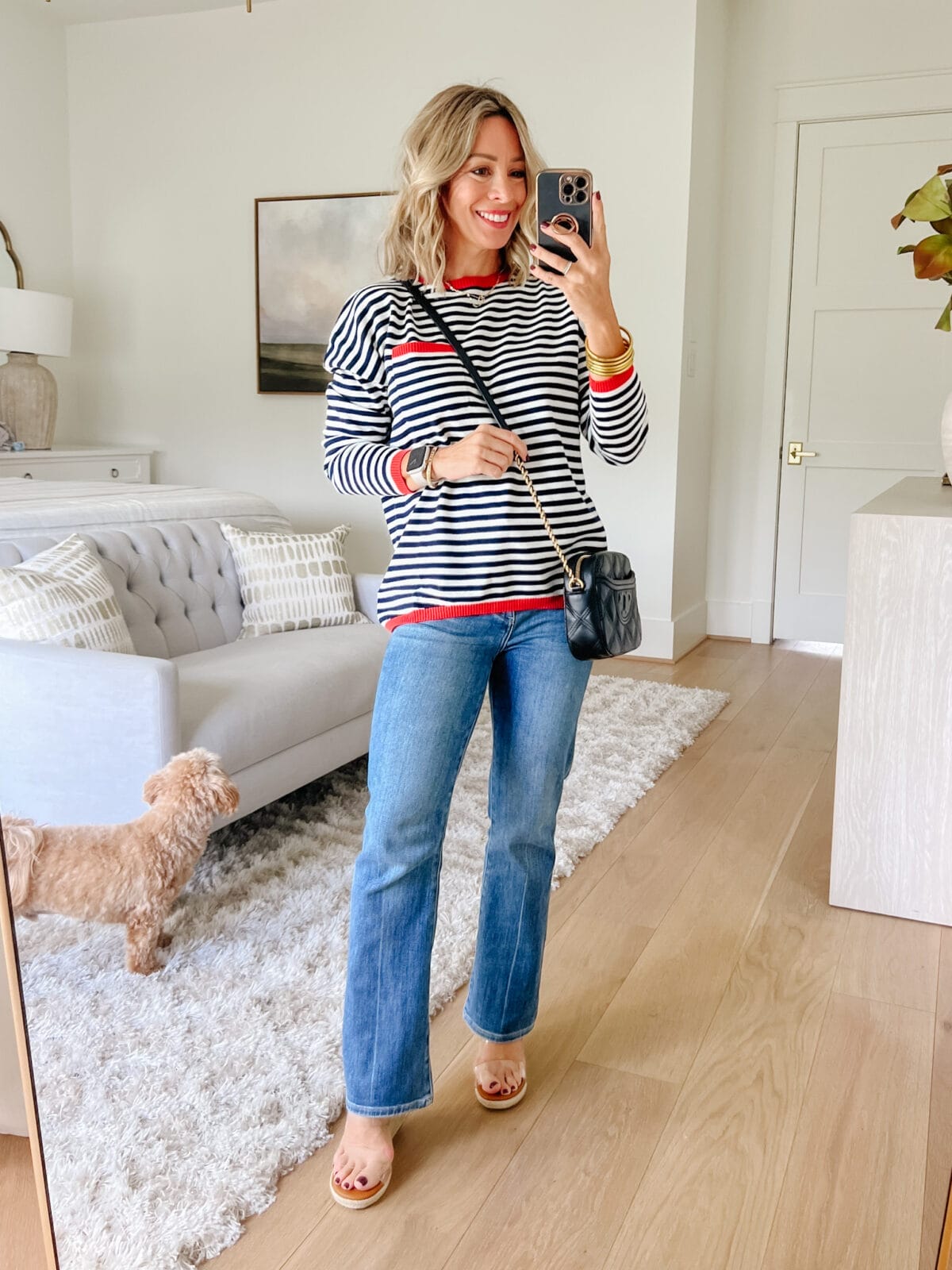 Striped long sleeved sweater, Pistola Jeans, tory burch bag