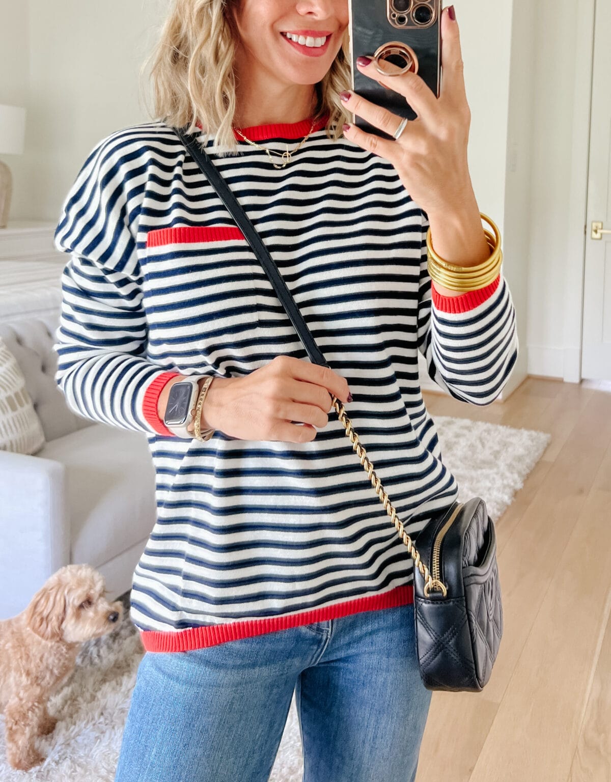 Striped long sleeved sweater, Pistola Jeans, tory burch bag