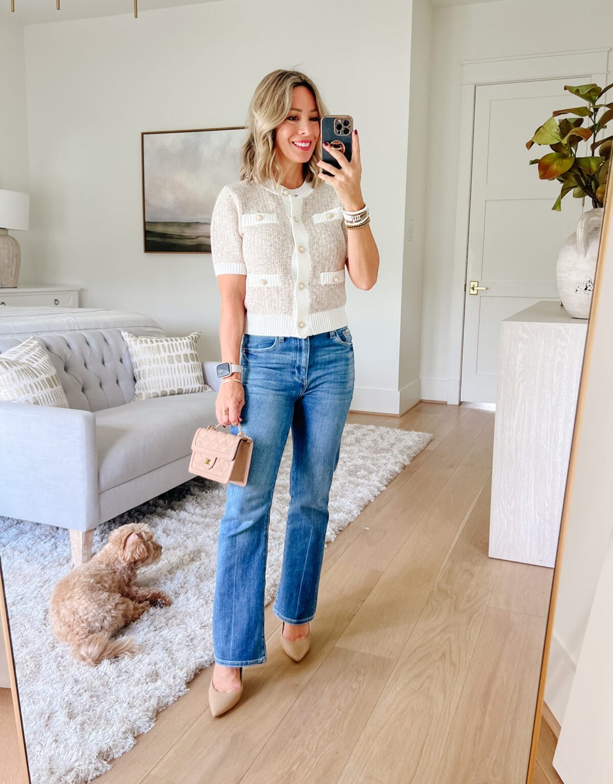 Short Sleeve Chanel Sweater, Pistola Jeans, Hand Bag, Heels 